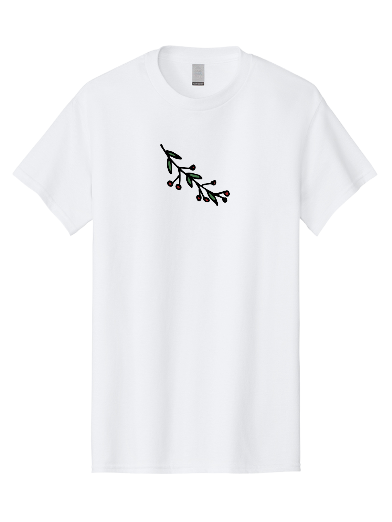 Branch-With-Berries Men'S Graphic Tee, 100% Cotton, Comfortable Casual Summer Wear, Machine Washable, Olive Branch, Cartoon Illustration, Red Berries, Black Stems, Green Leaves, Simple Design, Minimalist Art, Symbolic Imagery, Peace Symbol -  Aaa772