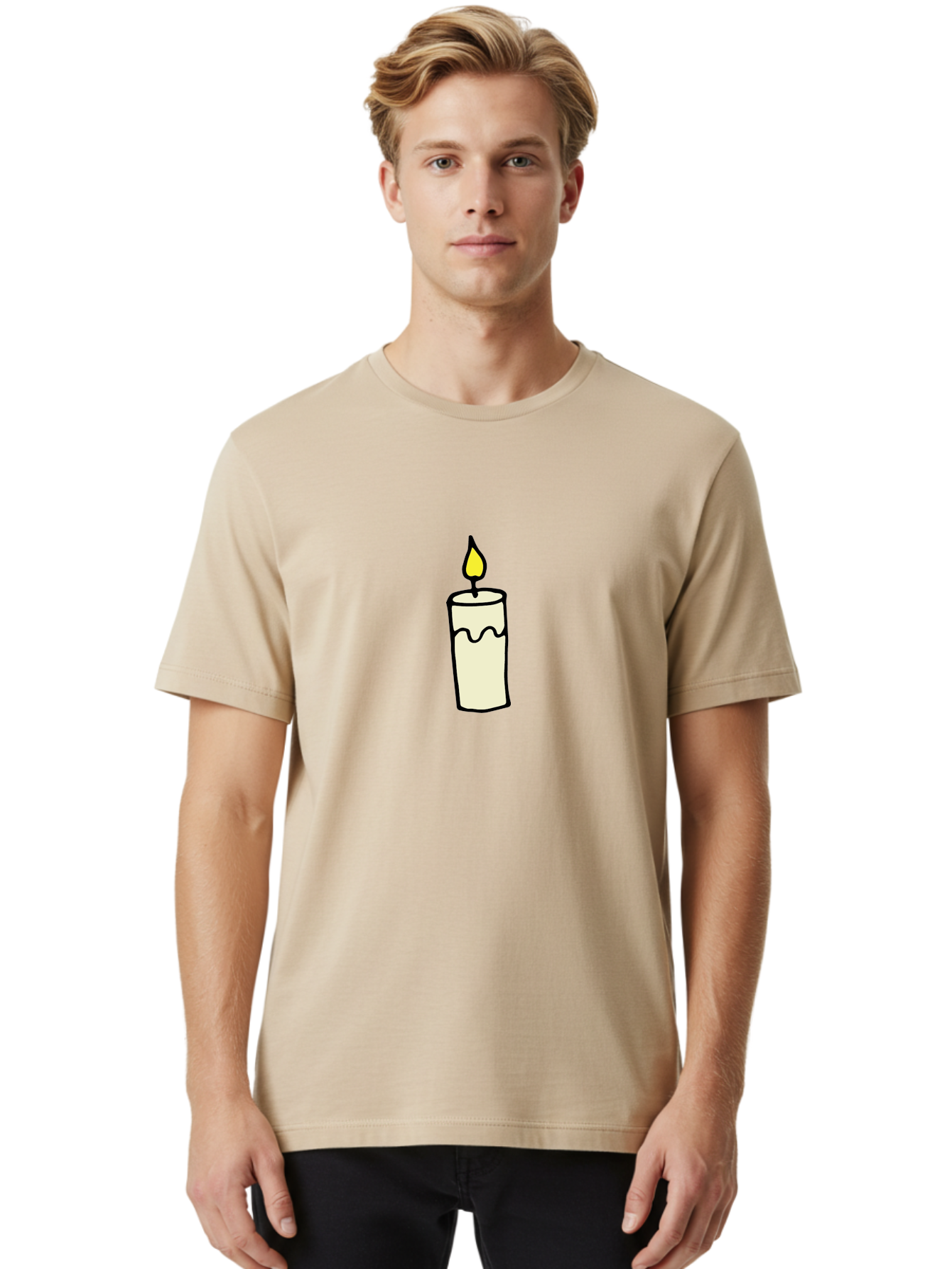 Candle-3 Men'S Graphic Tee, 100% Cotton, Comfortable Casual Summer Wear, Machine Washable, Lit Candle, Melting Wax, Yellow Flame, Flickering Light, Simple Illustration, Minimalist Design, Soothing Ambiance, Relaxation, Calm Atmosphere -  Aaa776