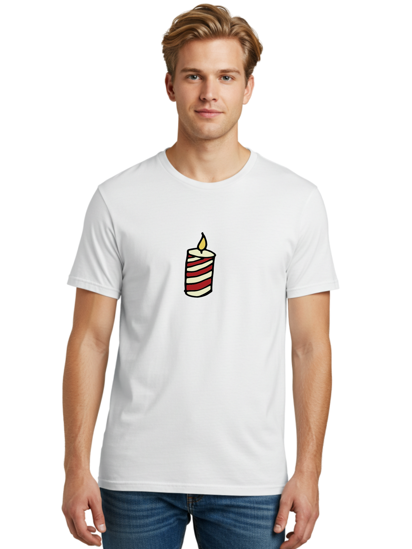 Candle Men'S Graphic Tee, 100% Cotton, Comfortable Casual Summer Wear, Machine Washable, Red And White Striped Candle, Lit Candle, Warm Ambiance, Relaxing Atmosphere, Peaceful Decor, Cozy Lighting, Simple Design -  Aaa778