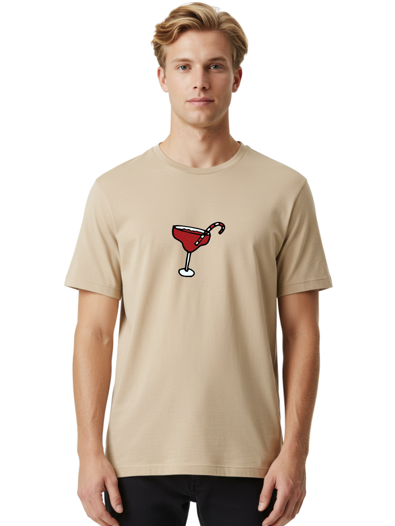 Candy-Cane-Martini Men'S Graphic Tee, 100% Cotton, Comfortable Casual Summer Wear, Machine Washable, Martini Glass, Red Cocktail, Candy Cane Garnish, Festive Drink, Holiday Party, Sweet Treat, Christmas Cocktail -  Aaa783