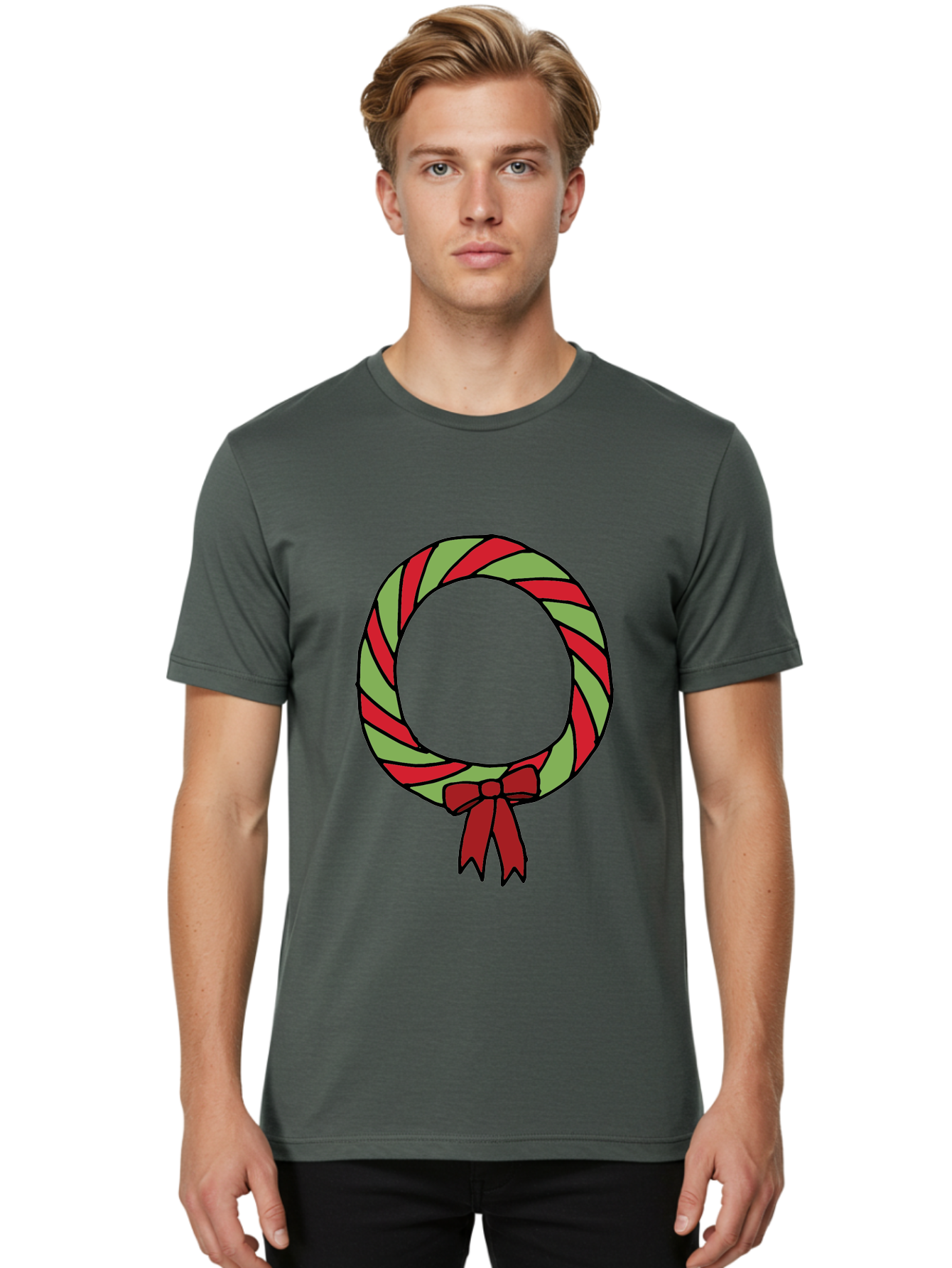 Candy-Cane-Wreath Men'S Graphic Tee, 100% Cotton, Comfortable Casual Summer Wear, Machine Washable, Candy Cane Wreath, Christmas Decoration, Red And Green Stripes, Festive Holiday Decor, Wrapped Candy Design, Ribbon Bow, Sweet Treat Theme, -  Aaa784