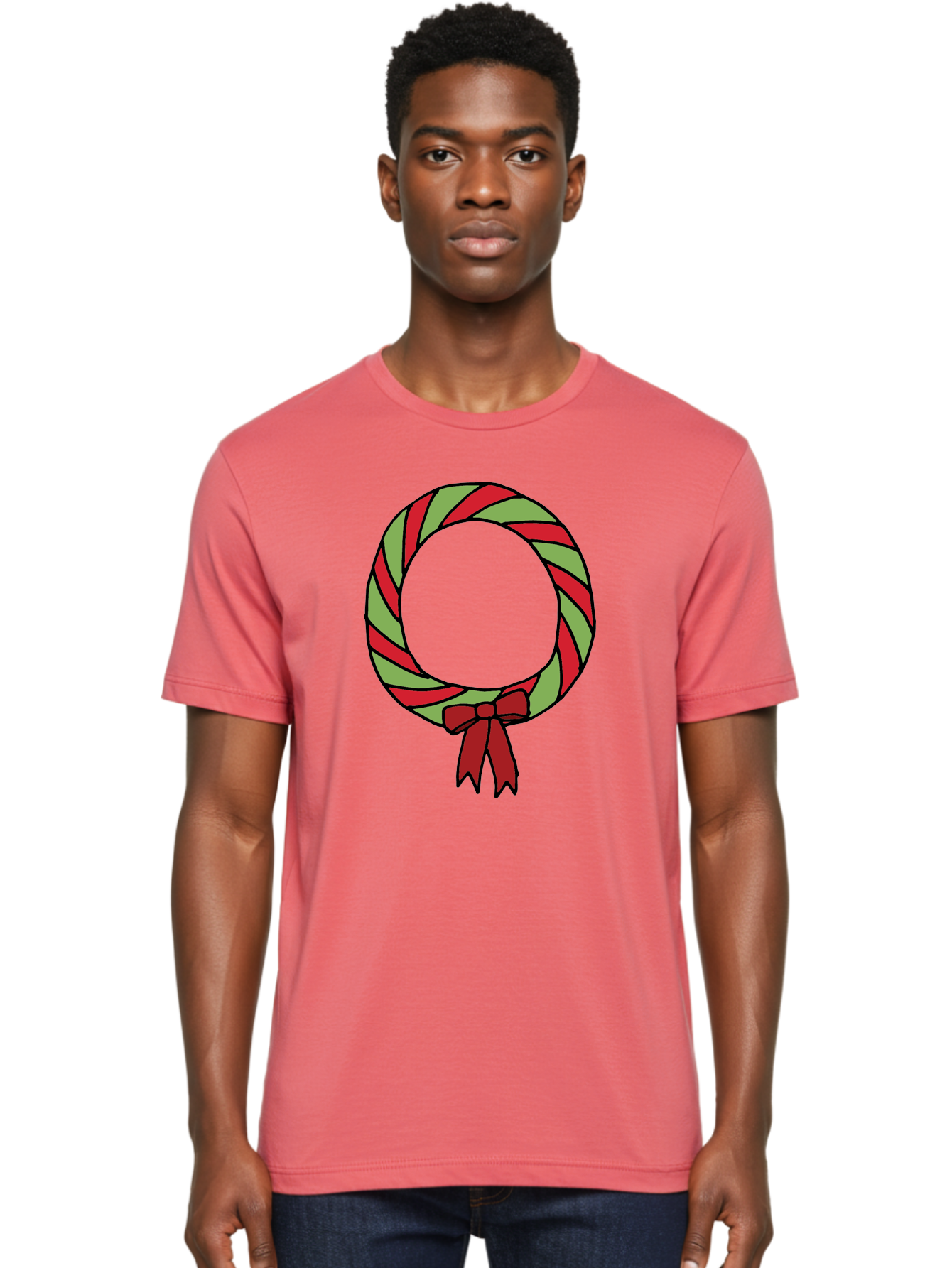 Candy-Cane-Wreath Men'S Graphic Tee, 100% Cotton, Comfortable Casual Summer Wear, Machine Washable, Candy Cane Wreath, Christmas Decoration, Red And Green Stripes, Festive Holiday Decor, Wrapped Candy Design, Ribbon Bow, Sweet Treat Theme, -  Aaa784