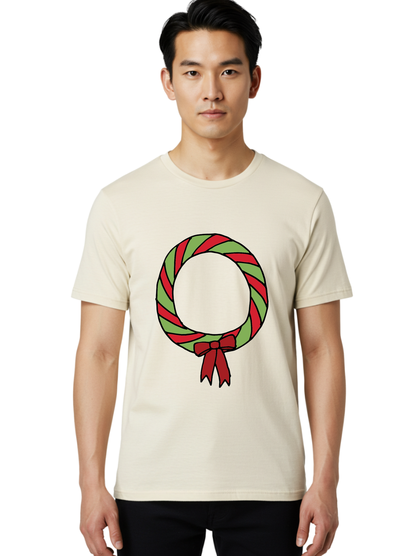 Candy-Cane-Wreath Men'S Graphic Tee, 100% Cotton, Comfortable Casual Summer Wear, Machine Washable, Candy Cane Wreath, Christmas Decoration, Red And Green Stripes, Festive Holiday Decor, Wrapped Candy Design, Ribbon Bow, Sweet Treat Theme, -  Aaa784