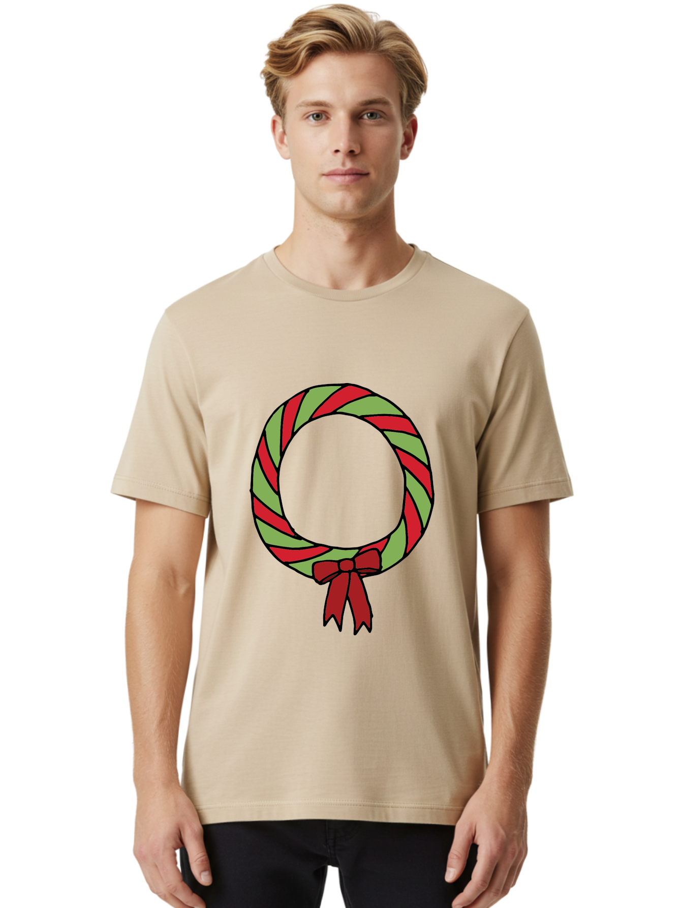 Candy-Cane-Wreath Men'S Graphic Tee, 100% Cotton, Comfortable Casual Summer Wear, Machine Washable, Candy Cane Wreath, Christmas Decoration, Red And Green Stripes, Festive Holiday Decor, Wrapped Candy Design, Ribbon Bow, Sweet Treat Theme, -  Aaa784