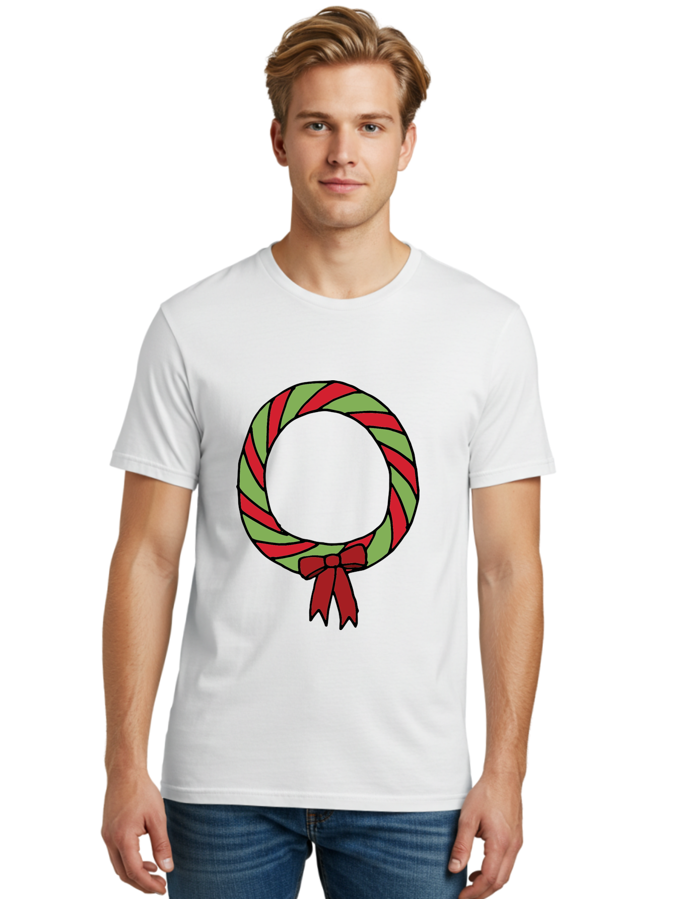 Candy-Cane-Wreath Men'S Graphic Tee, 100% Cotton, Comfortable Casual Summer Wear, Machine Washable, Candy Cane Wreath, Christmas Decoration, Red And Green Stripes, Festive Holiday Decor, Wrapped Candy Design, Ribbon Bow, Sweet Treat Theme, -  Aaa784