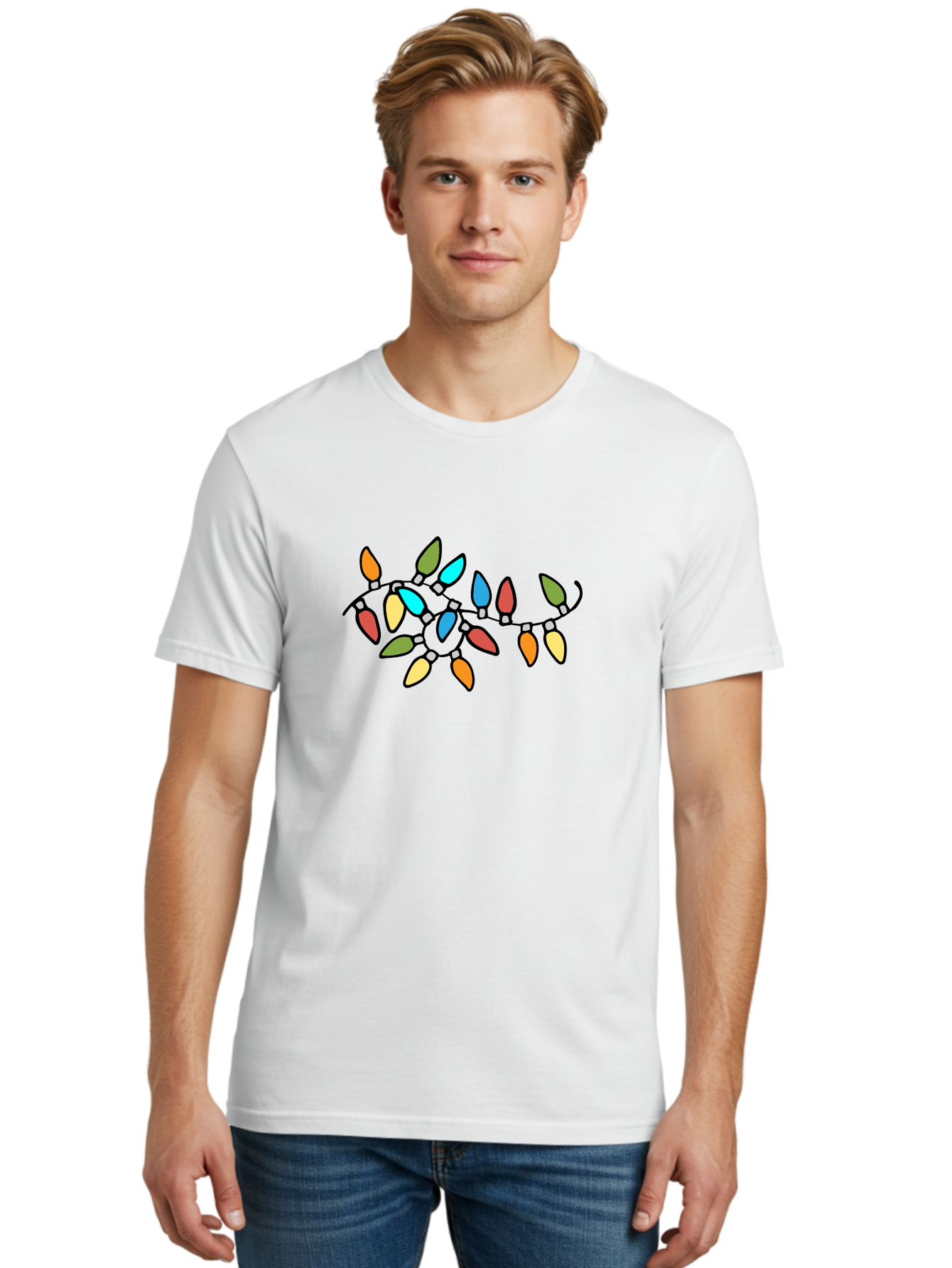 Christmas-Lights-1 Men'S Graphic Tee, 100% Cotton, Comfortable Casual Summer Wear, Machine Washable, Multicolored Christmas Lights, Festive Decorations, Holiday String Lights, Colorful Bulbs, Celebration Decoration, Party Lights -  Aaa807