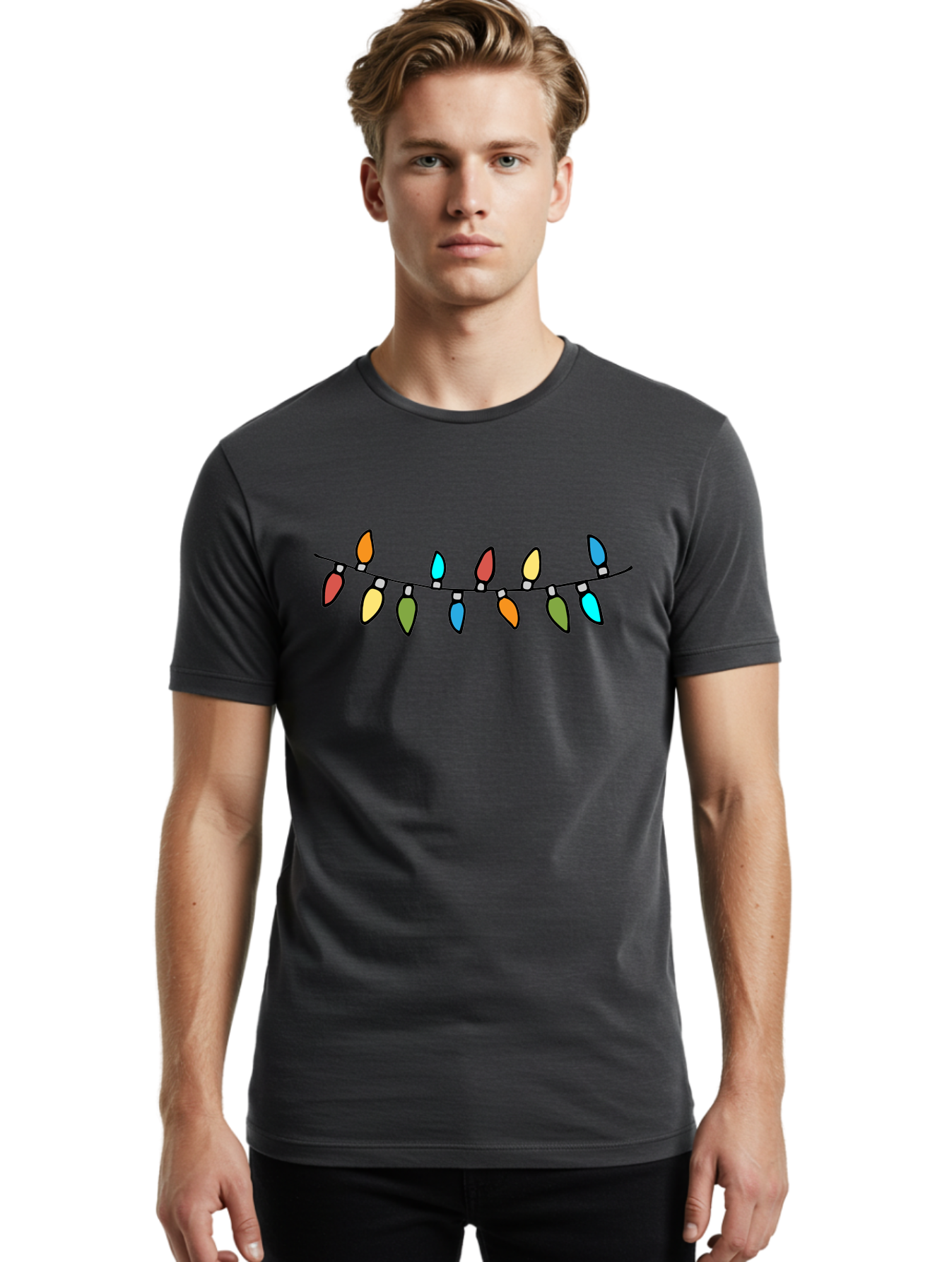 Christmas-Lights Men'S Graphic Tee, 100% Cotton, Comfortable Casual Summer Wear, Machine Washable, Christmas Lights, String Lights, Holiday Decorations, Festive Colors, Red, Orange, Yellow, Blue, Green, Celebration -  Aaa808