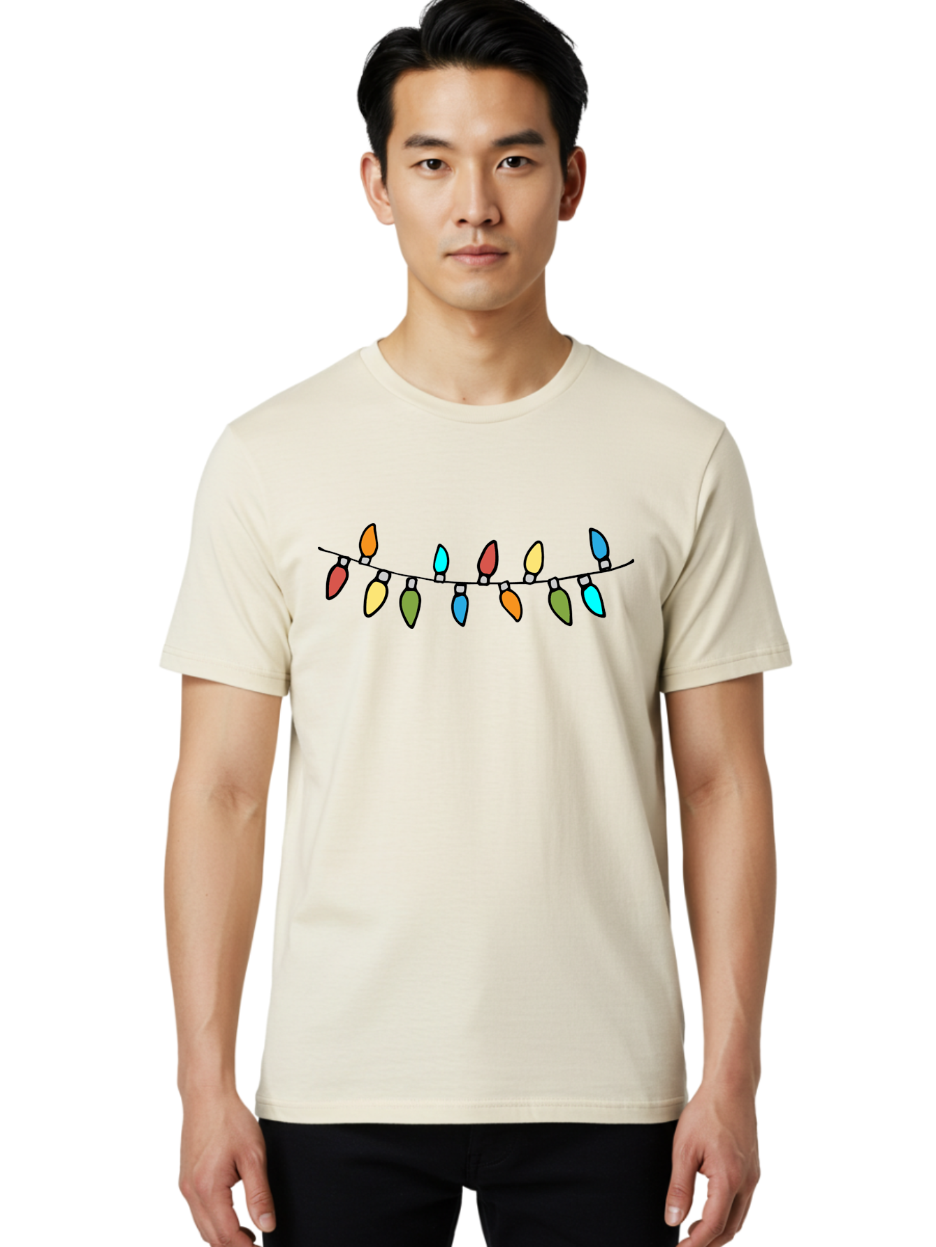 Christmas-Lights Men'S Graphic Tee, 100% Cotton, Comfortable Casual Summer Wear, Machine Washable, Christmas Lights, String Lights, Holiday Decorations, Festive Colors, Red, Orange, Yellow, Blue, Green, Celebration -  Aaa808
