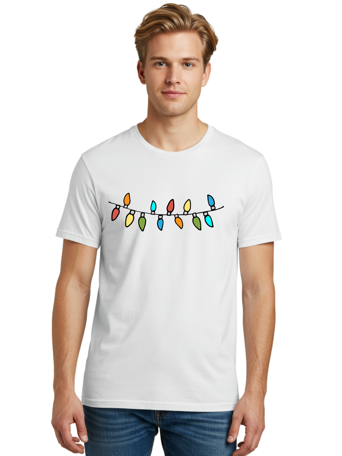 Christmas-Lights Men'S Graphic Tee, 100% Cotton, Comfortable Casual Summer Wear, Machine Washable, Christmas Lights, String Lights, Holiday Decorations, Festive Colors, Red, Orange, Yellow, Blue, Green, Celebration -  Aaa808