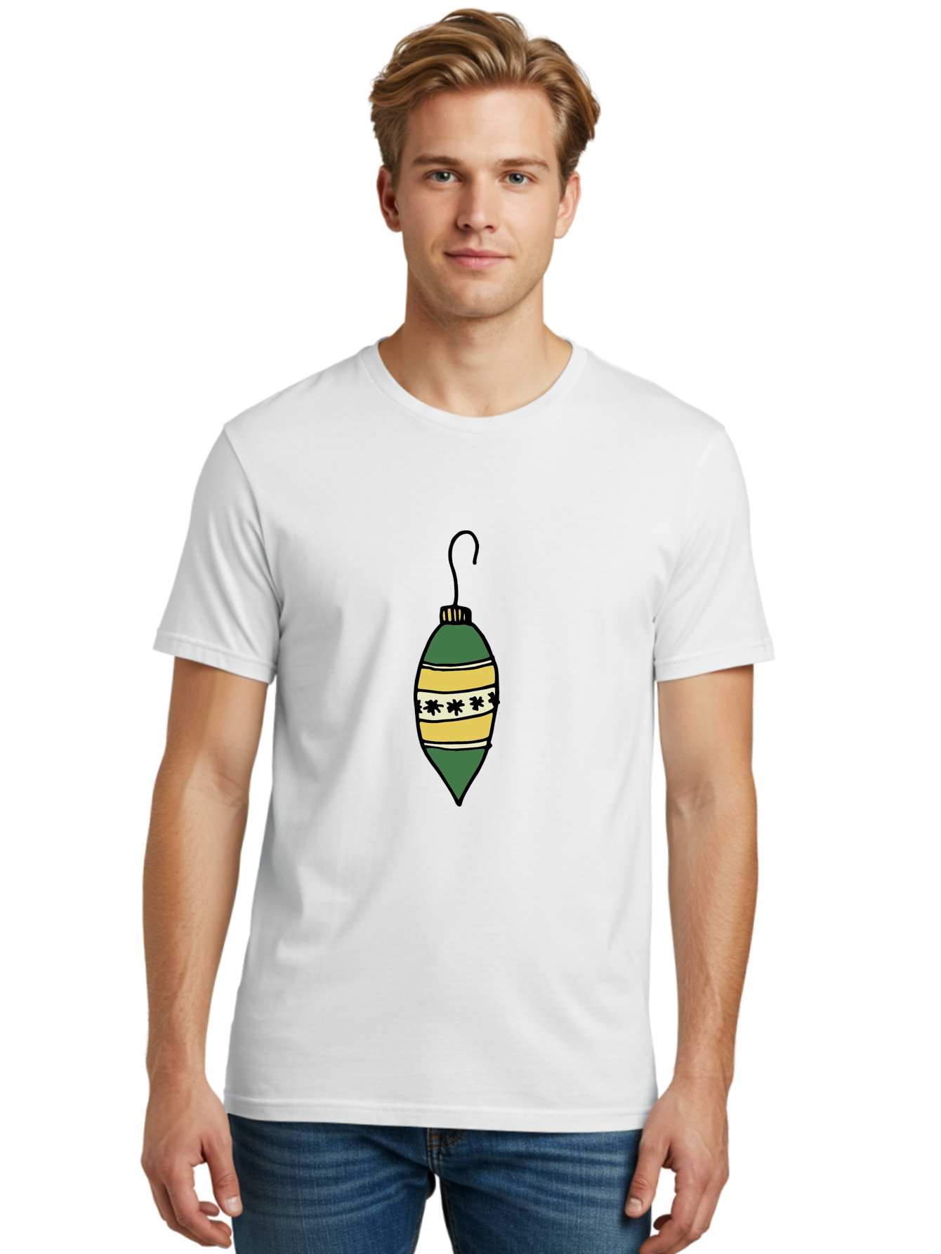 Christmas-Ornament-1 Men'S Graphic Tee, 100% Cotton, Comfortable Casual Summer Wear, Machine Washable, Christmas Decoration, Festive Ornament, Holiday Decor, Green And Yellow Bauble, Striped Pattern, Floral Design, Hanging Decoration, -  Aaa809