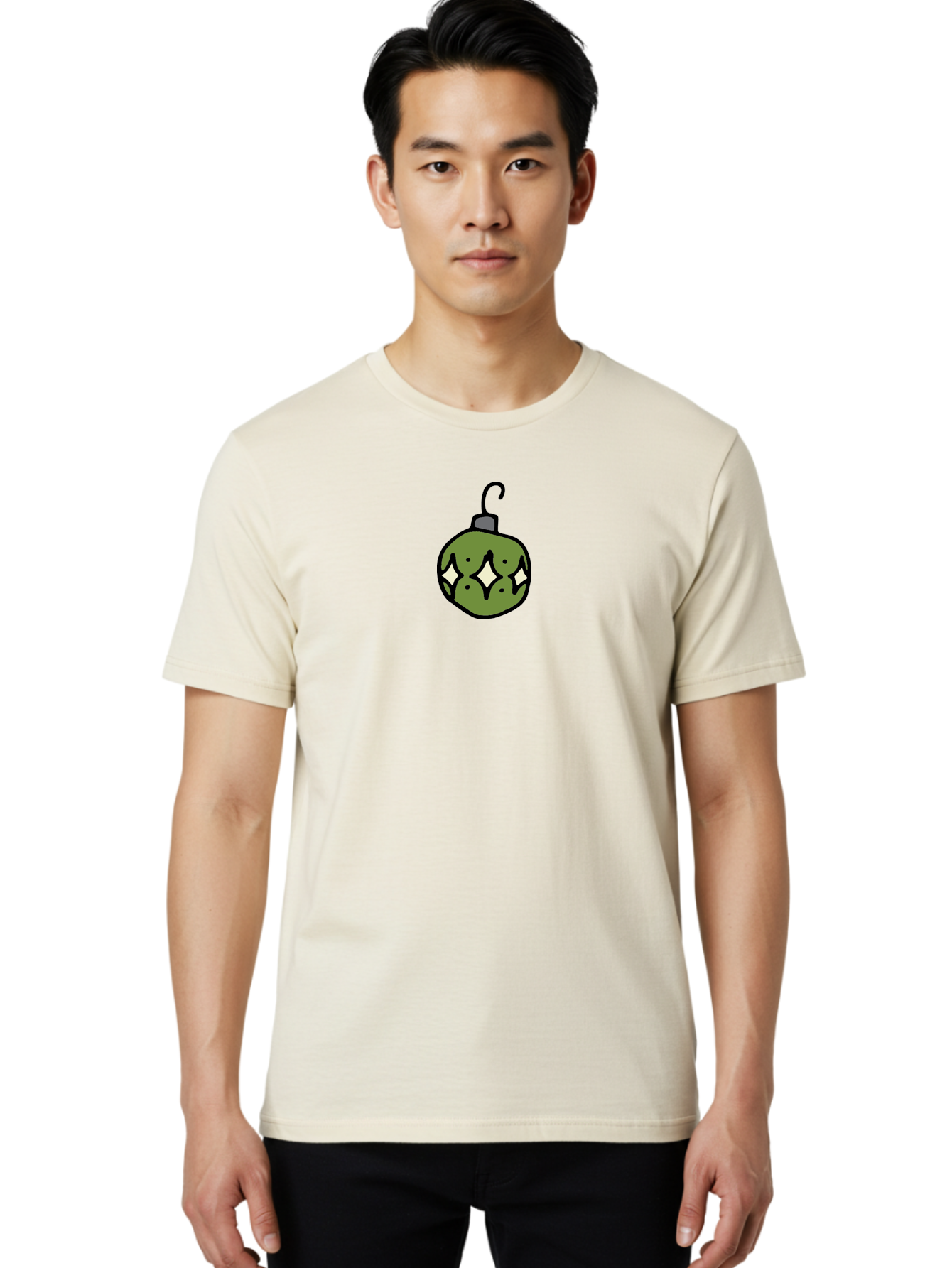 Christmas-Ornament-5 Men'S Graphic Tee, 100% Cotton, Comfortable Casual Summer Wear, Machine Washable, Christmas Decoration, Festive Symbol, Green Ornament, Hanging Decoration, Holiday Decor, Cartoon Style, White Diamonds, Black Outline, -  Aaa813