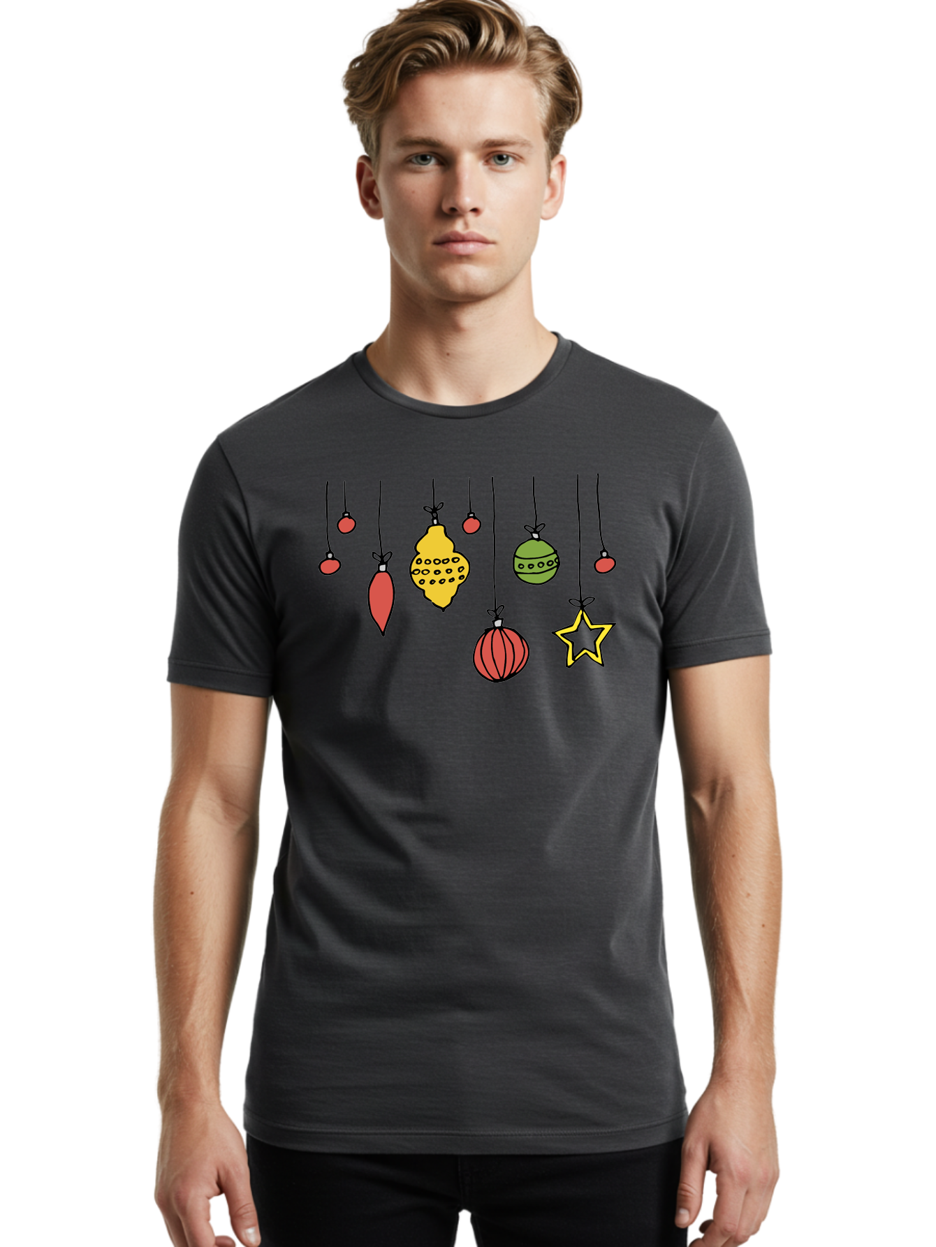 Christmas-Ornaments-1 Men'S Graphic Tee, 100% Cotton, Comfortable Casual Summer Wear, Machine Washable, Christmas Ornaments, Hanging Decorations, Festive Decor, Holiday Season, Christmas Tree Decorations, Red And Green Ornaments, -  Aaa816