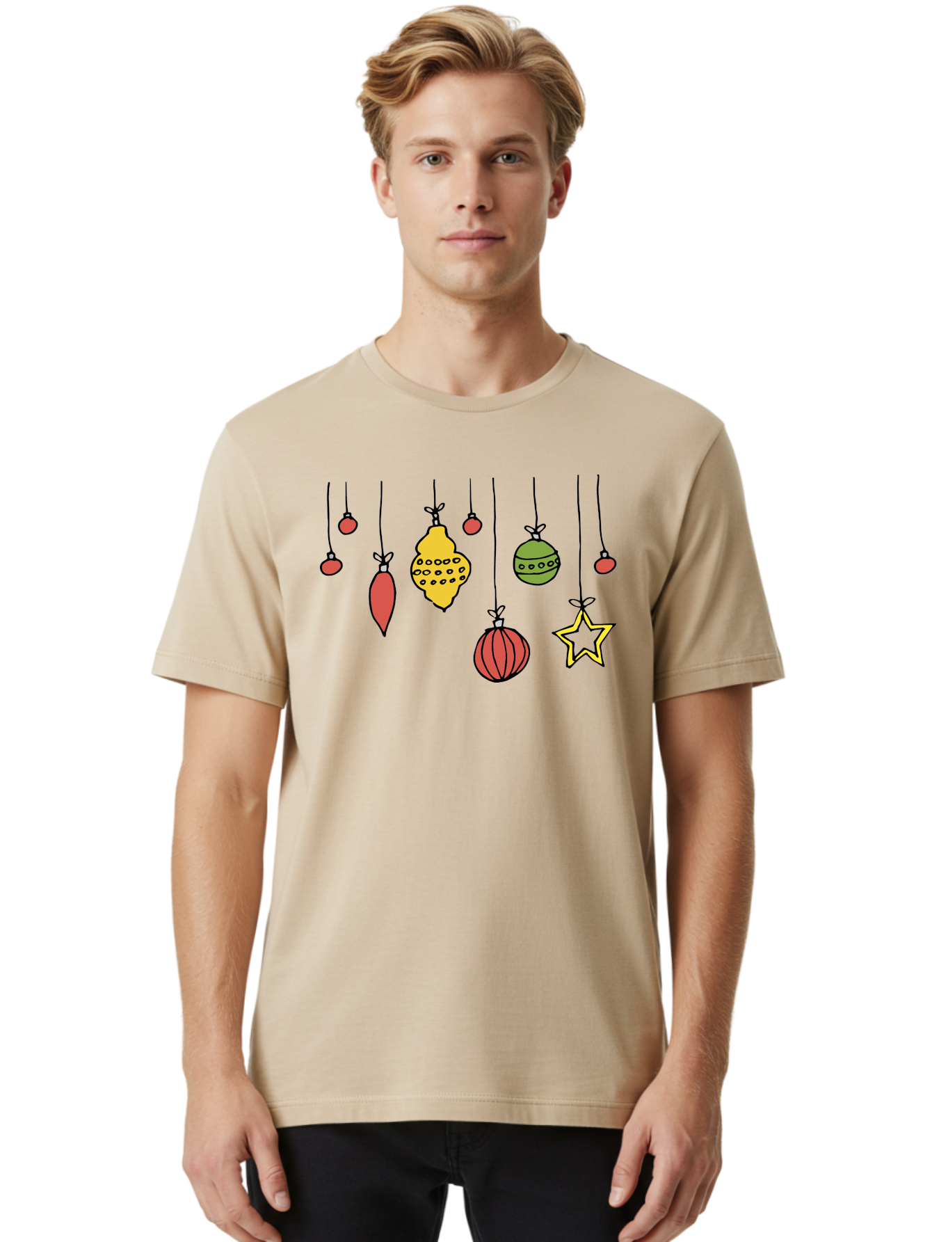 Christmas-Ornaments-1 Men'S Graphic Tee, 100% Cotton, Comfortable Casual Summer Wear, Machine Washable, Christmas Ornaments, Hanging Decorations, Festive Decor, Holiday Season, Christmas Tree Decorations, Red And Green Ornaments, -  Aaa816