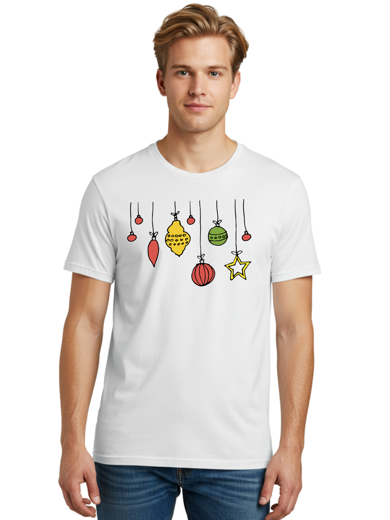 Christmas-Ornaments-1 Men'S Graphic Tee, 100% Cotton, Comfortable Casual Summer Wear, Machine Washable, Christmas Ornaments, Hanging Decorations, Festive Decor, Holiday Season, Christmas Tree Decorations, Red And Green Ornaments, -  Aaa816