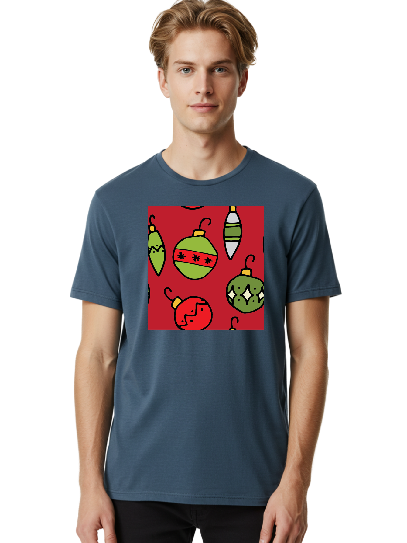 Christmas-Ornaments Men'S Graphic Tee, 100% Cotton, Comfortable Casual Summer Wear, Machine Washable, Christmas Decorations, Festive Ornaments, Holiday Baubles, Red And Green Theme, Cartoon Style, Winter Wonderland, Seasonal Decor, -  Aaa817