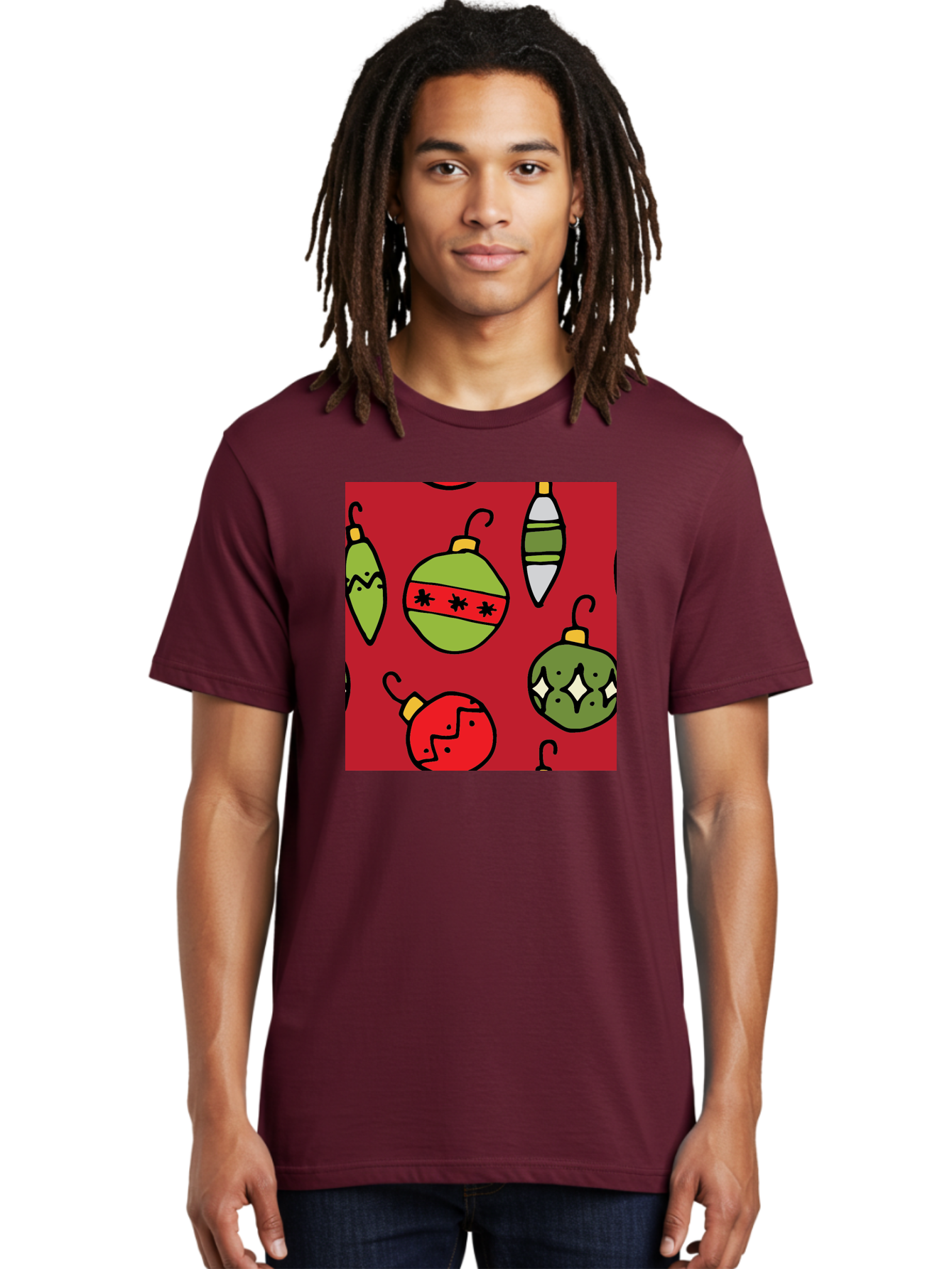 Christmas-Ornaments Men'S Graphic Tee, 100% Cotton, Comfortable Casual Summer Wear, Machine Washable, Christmas Decorations, Festive Ornaments, Holiday Baubles, Red And Green Theme, Cartoon Style, Winter Wonderland, Seasonal Decor, -  Aaa817