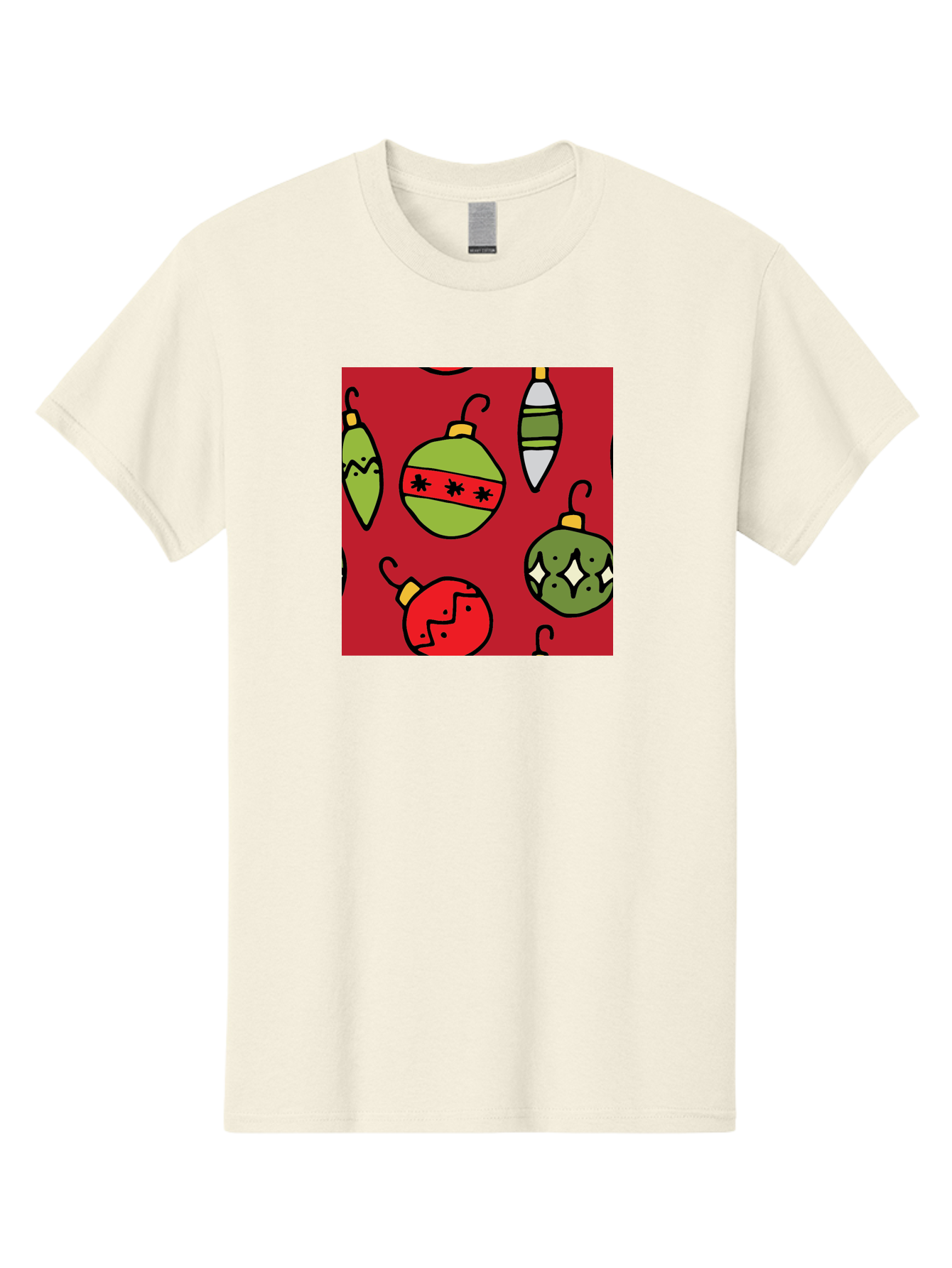 Christmas-Ornaments Men'S Graphic Tee, 100% Cotton, Comfortable Casual Summer Wear, Machine Washable, Christmas Decorations, Festive Ornaments, Holiday Baubles, Red And Green Theme, Cartoon Style, Winter Wonderland, Seasonal Decor, -  Aaa817
