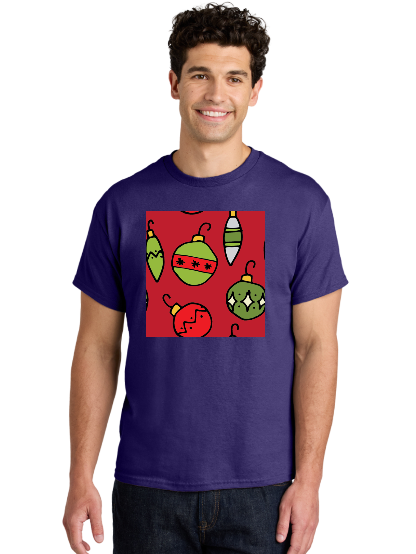 Christmas-Ornaments Men'S Graphic Tee, 100% Cotton, Comfortable Casual Summer Wear, Machine Washable, Christmas Decorations, Festive Ornaments, Holiday Baubles, Red And Green Theme, Cartoon Style, Winter Wonderland, Seasonal Decor, -  Aaa817