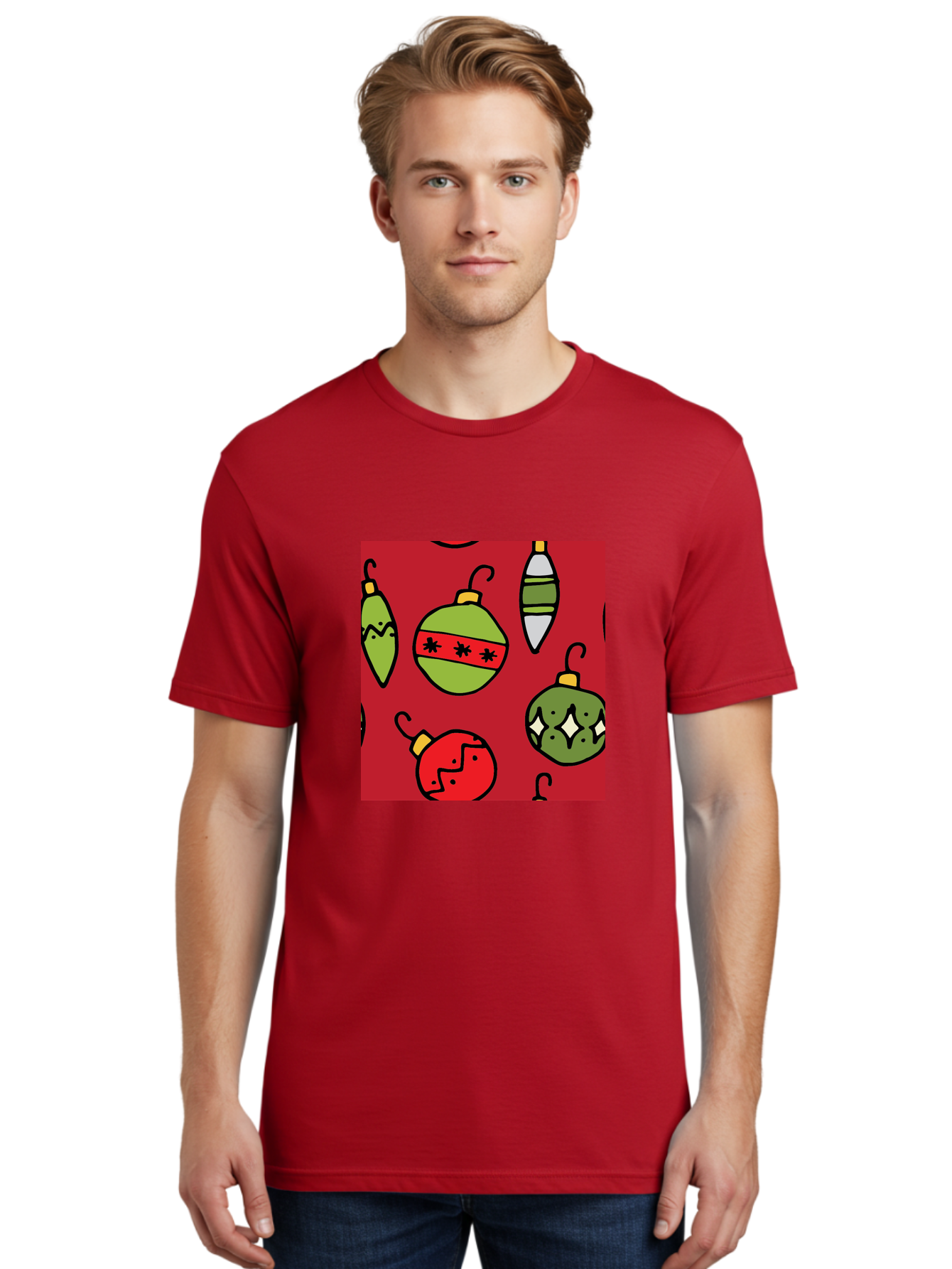 Christmas-Ornaments Men'S Graphic Tee, 100% Cotton, Comfortable Casual Summer Wear, Machine Washable, Christmas Decorations, Festive Ornaments, Holiday Baubles, Red And Green Theme, Cartoon Style, Winter Wonderland, Seasonal Decor, -  Aaa817
