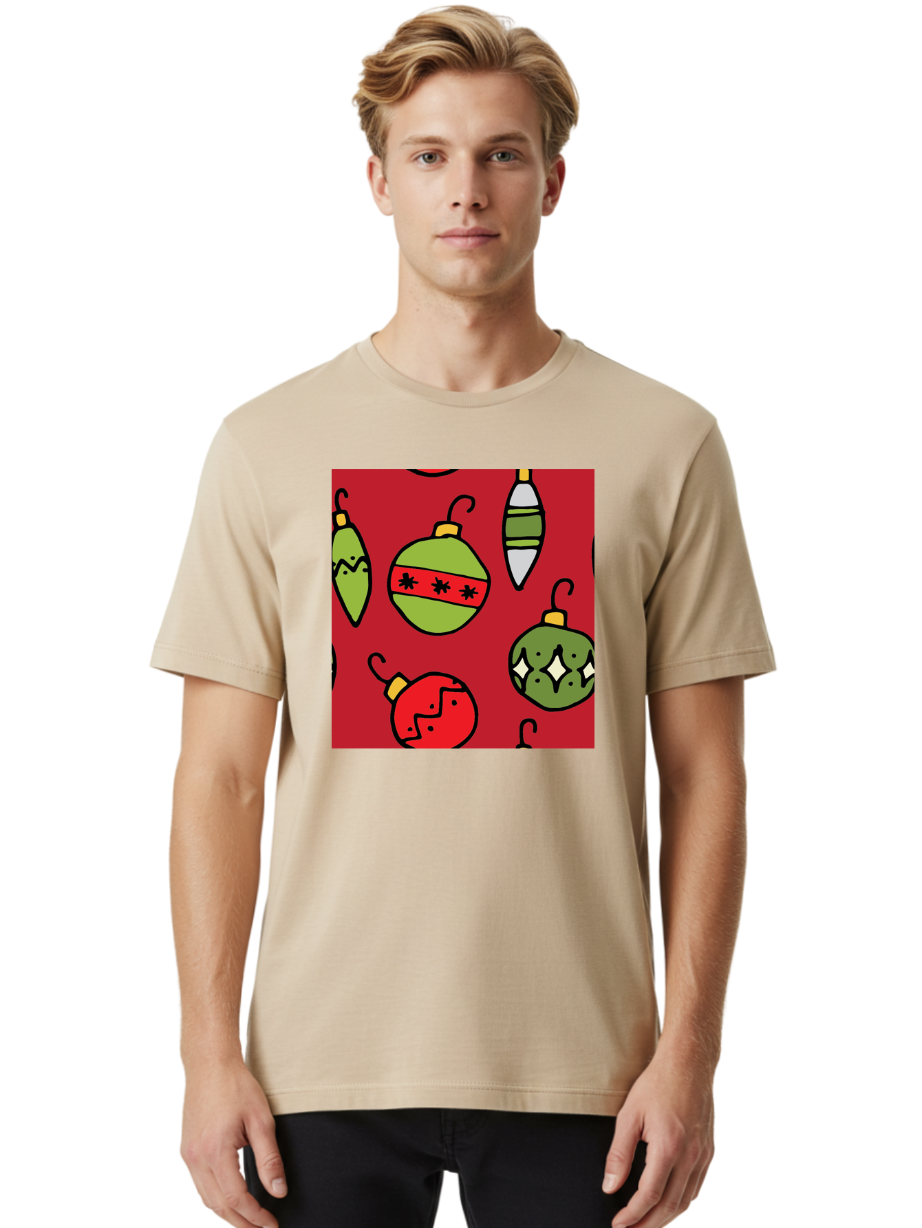 Christmas-Ornaments Men'S Graphic Tee, 100% Cotton, Comfortable Casual Summer Wear, Machine Washable, Christmas Decorations, Festive Ornaments, Holiday Baubles, Red And Green Theme, Cartoon Style, Winter Wonderland, Seasonal Decor, -  Aaa817