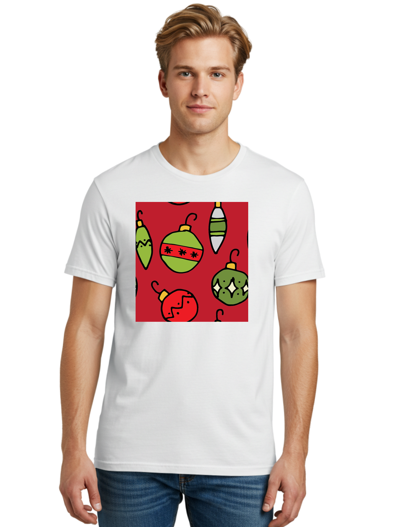 Christmas-Ornaments Men'S Graphic Tee, 100% Cotton, Comfortable Casual Summer Wear, Machine Washable, Christmas Decorations, Festive Ornaments, Holiday Baubles, Red And Green Theme, Cartoon Style, Winter Wonderland, Seasonal Decor, -  Aaa817