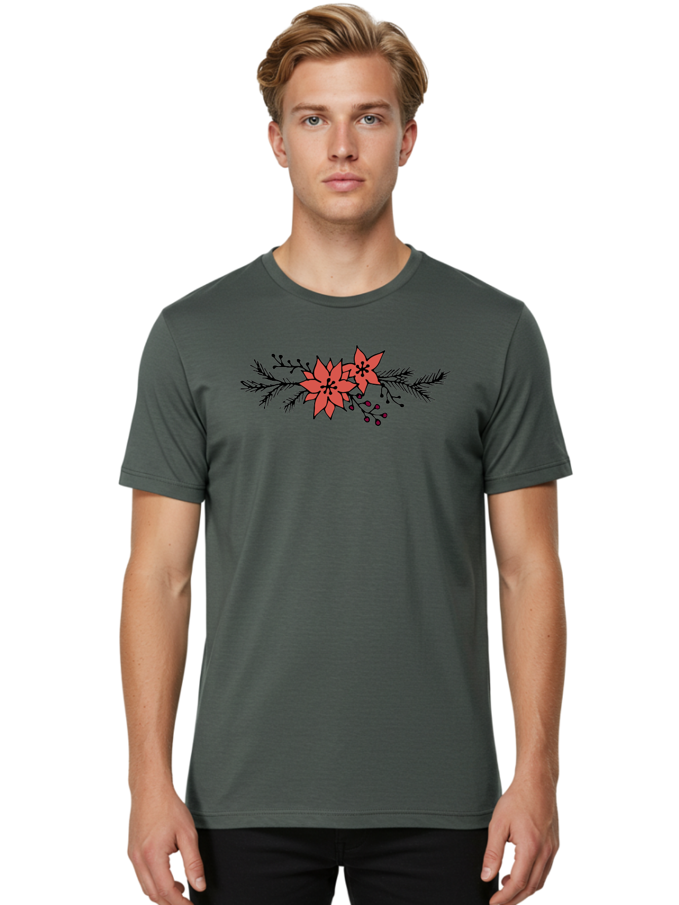 Christmas-Poinsettia Men'S Graphic Tee, 100% Cotton, Comfortable Casual Summer Wear, Machine Washable, Red Poinsettia Flowers, Festive Decorations, Holiday Decor, Christmas Flowers, Floral Arrangements, Winter Flowers -  Aaa818