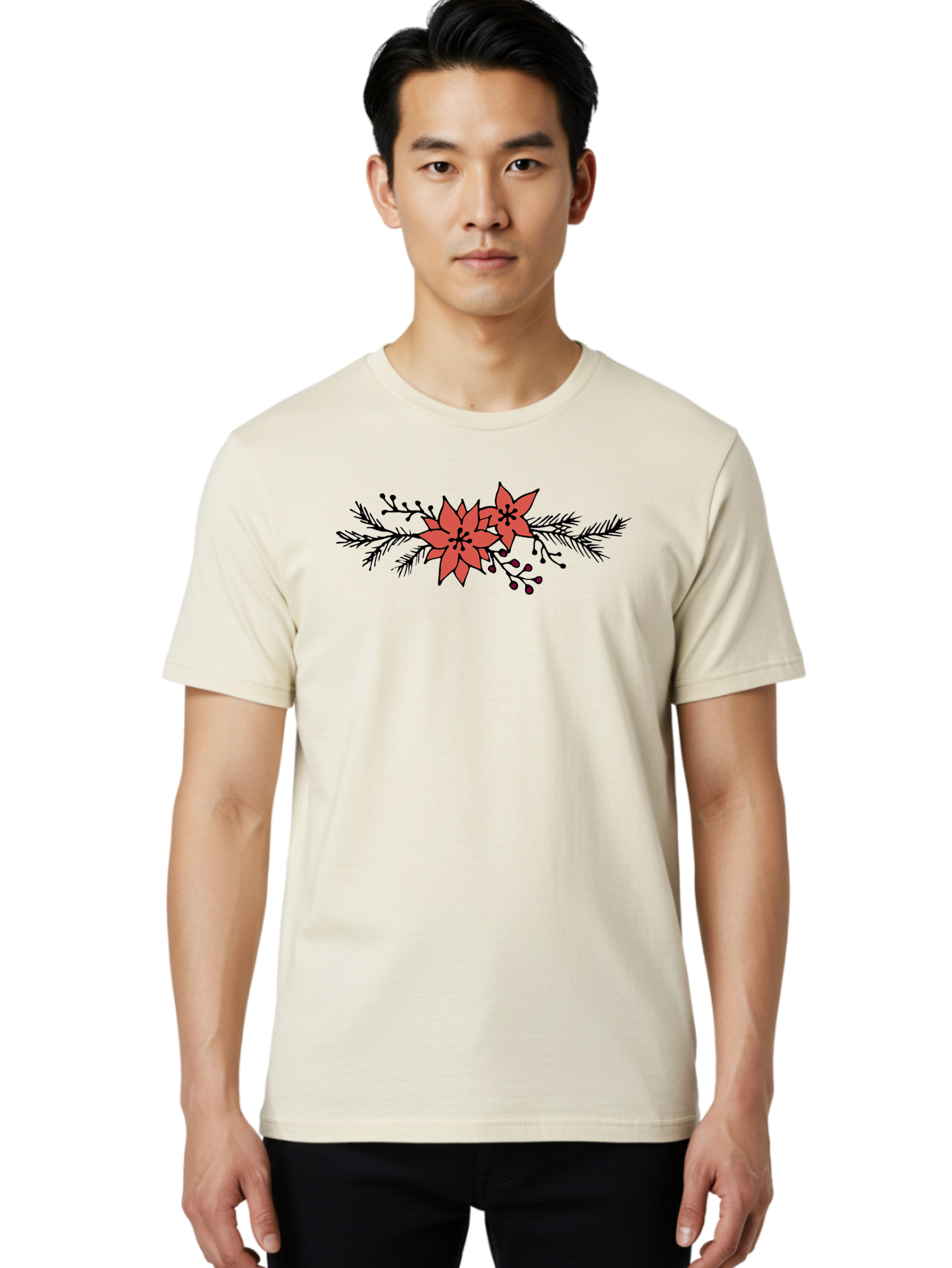 Christmas-Poinsettia Men'S Graphic Tee, 100% Cotton, Comfortable Casual Summer Wear, Machine Washable, Red Poinsettia Flowers, Festive Decorations, Holiday Decor, Christmas Flowers, Floral Arrangements, Winter Flowers -  Aaa818