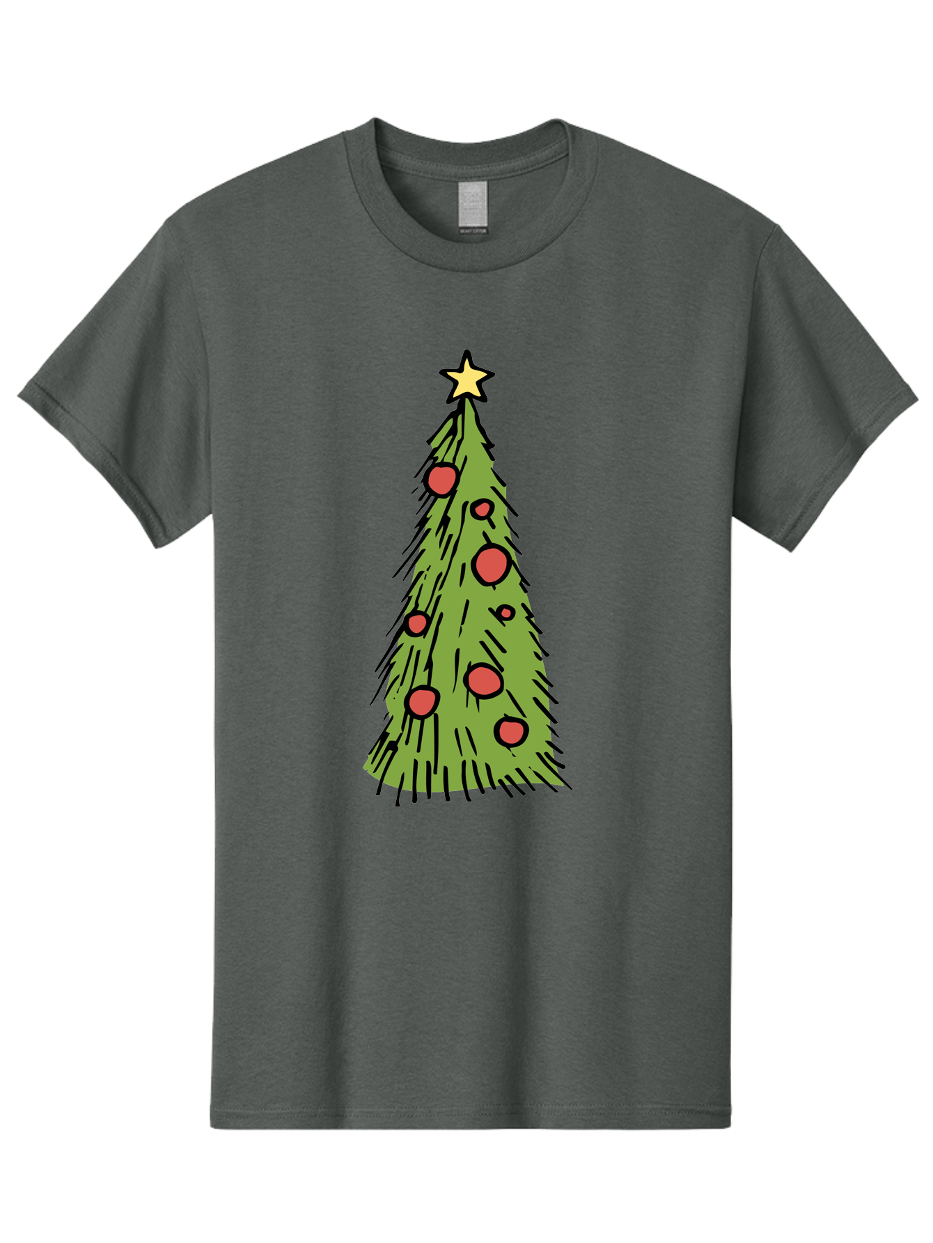 Christmas-Tree-2 Men'S Graphic Tee, 100% Cotton, Comfortable Casual Summer Wear, Machine Washable, Christmas Tree, Festive Decorations, Red Ornaments, Yellow Star, Holiday Season, Winter Wonderland, Cartoon Illustration, Simple Design -  Aaa823