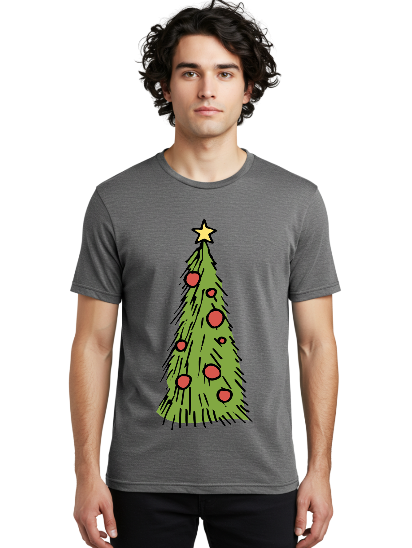 Christmas-Tree-2 Men'S Graphic Tee, 100% Cotton, Comfortable Casual Summer Wear, Machine Washable, Christmas Tree, Festive Decorations, Red Ornaments, Yellow Star, Holiday Season, Winter Wonderland, Cartoon Illustration, Simple Design -  Aaa823