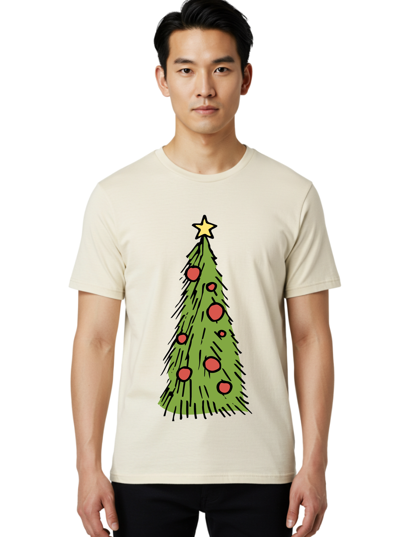 Christmas-Tree-2 Men'S Graphic Tee, 100% Cotton, Comfortable Casual Summer Wear, Machine Washable, Christmas Tree, Festive Decorations, Red Ornaments, Yellow Star, Holiday Season, Winter Wonderland, Cartoon Illustration, Simple Design -  Aaa823