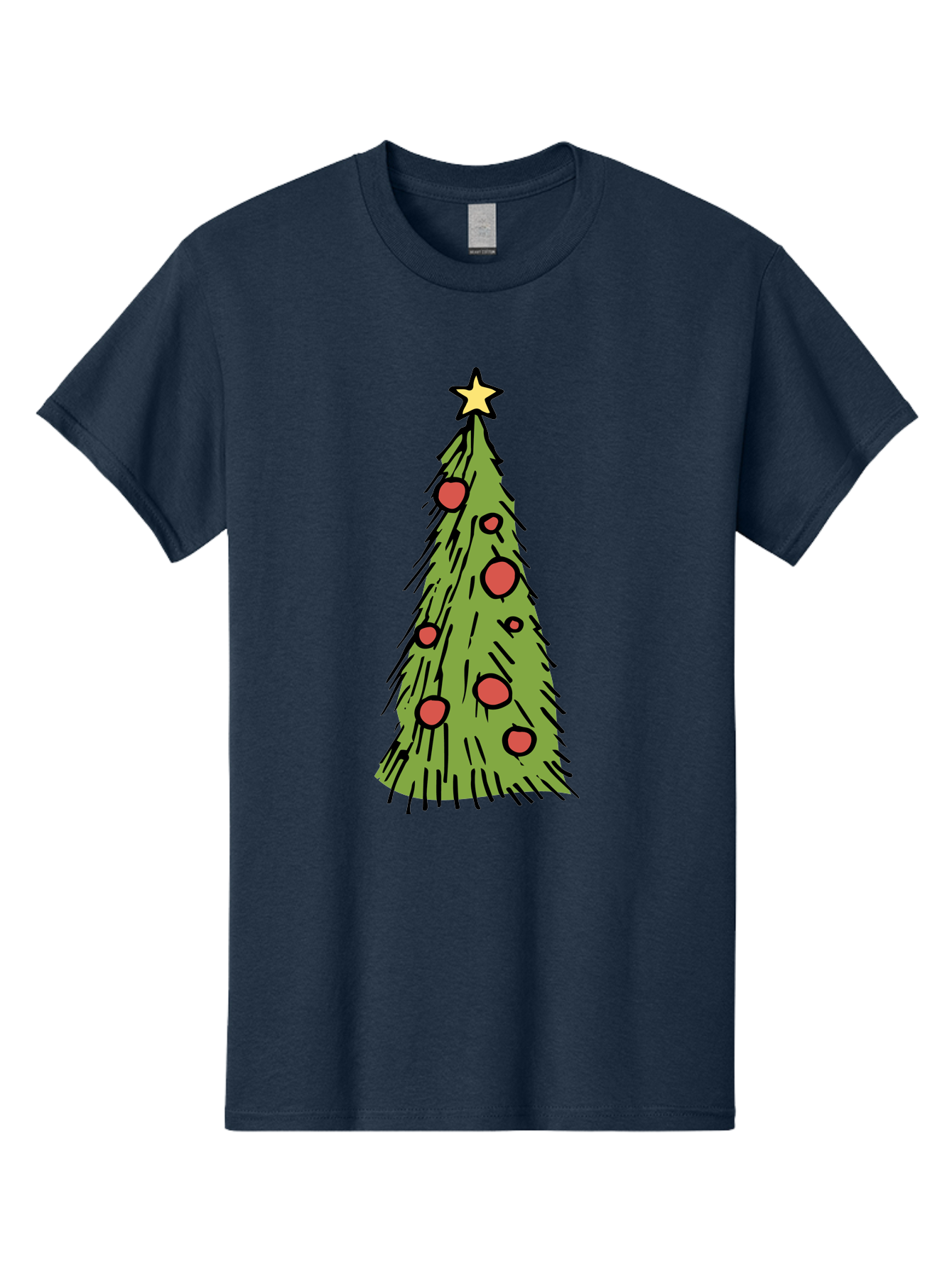 Christmas-Tree-2 Men'S Graphic Tee, 100% Cotton, Comfortable Casual Summer Wear, Machine Washable, Christmas Tree, Festive Decorations, Red Ornaments, Yellow Star, Holiday Season, Winter Wonderland, Cartoon Illustration, Simple Design -  Aaa823