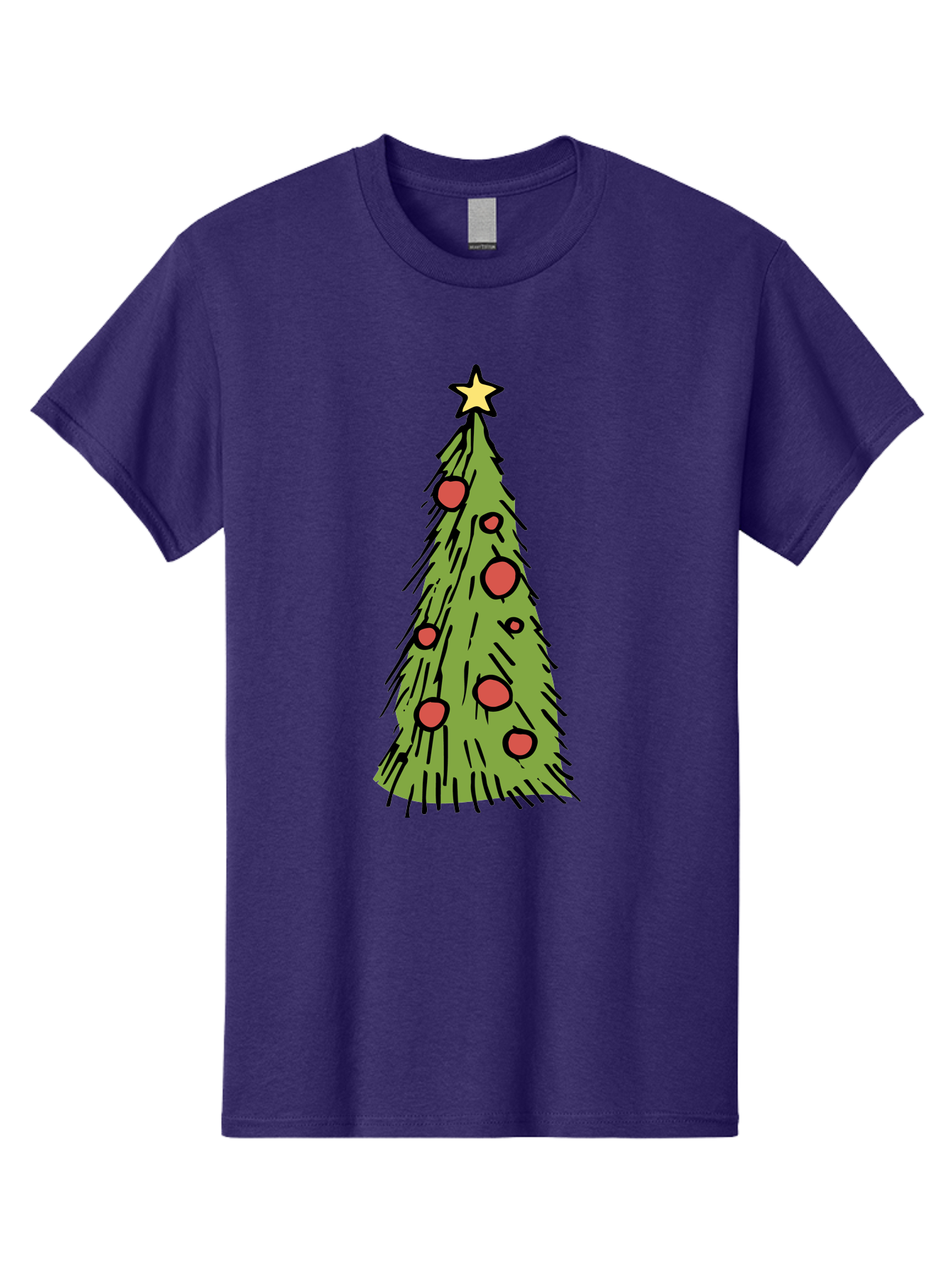 Christmas-Tree-2 Men'S Graphic Tee, 100% Cotton, Comfortable Casual Summer Wear, Machine Washable, Christmas Tree, Festive Decorations, Red Ornaments, Yellow Star, Holiday Season, Winter Wonderland, Cartoon Illustration, Simple Design -  Aaa823
