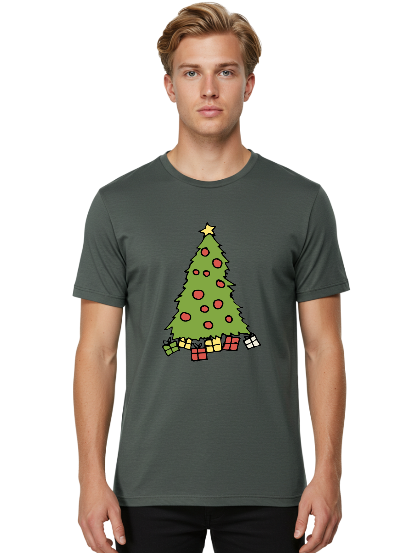 Christmas-Tree-3 Men'S Graphic Tee, 100% Cotton, Comfortable Casual Summer Wear, Machine Washable, Christmas Tree, Red Ornaments, Festive Decorations, Wrapped Gifts, Holiday Season, Joyful Atmosphere, Cartoon Style, Golden Star, -  Aaa824