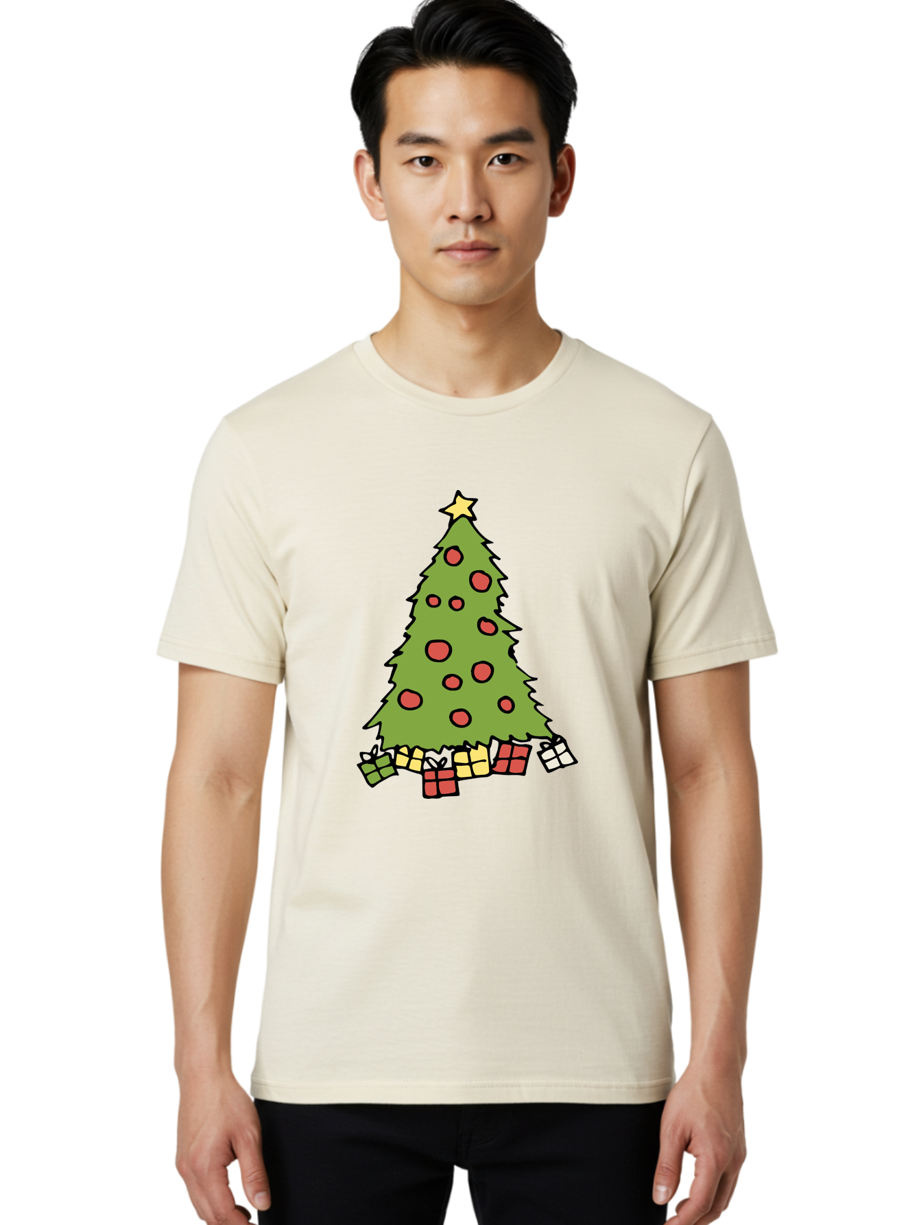 Christmas-Tree-3 Men'S Graphic Tee, 100% Cotton, Comfortable Casual Summer Wear, Machine Washable, Christmas Tree, Red Ornaments, Festive Decorations, Wrapped Gifts, Holiday Season, Joyful Atmosphere, Cartoon Style, Golden Star, -  Aaa824