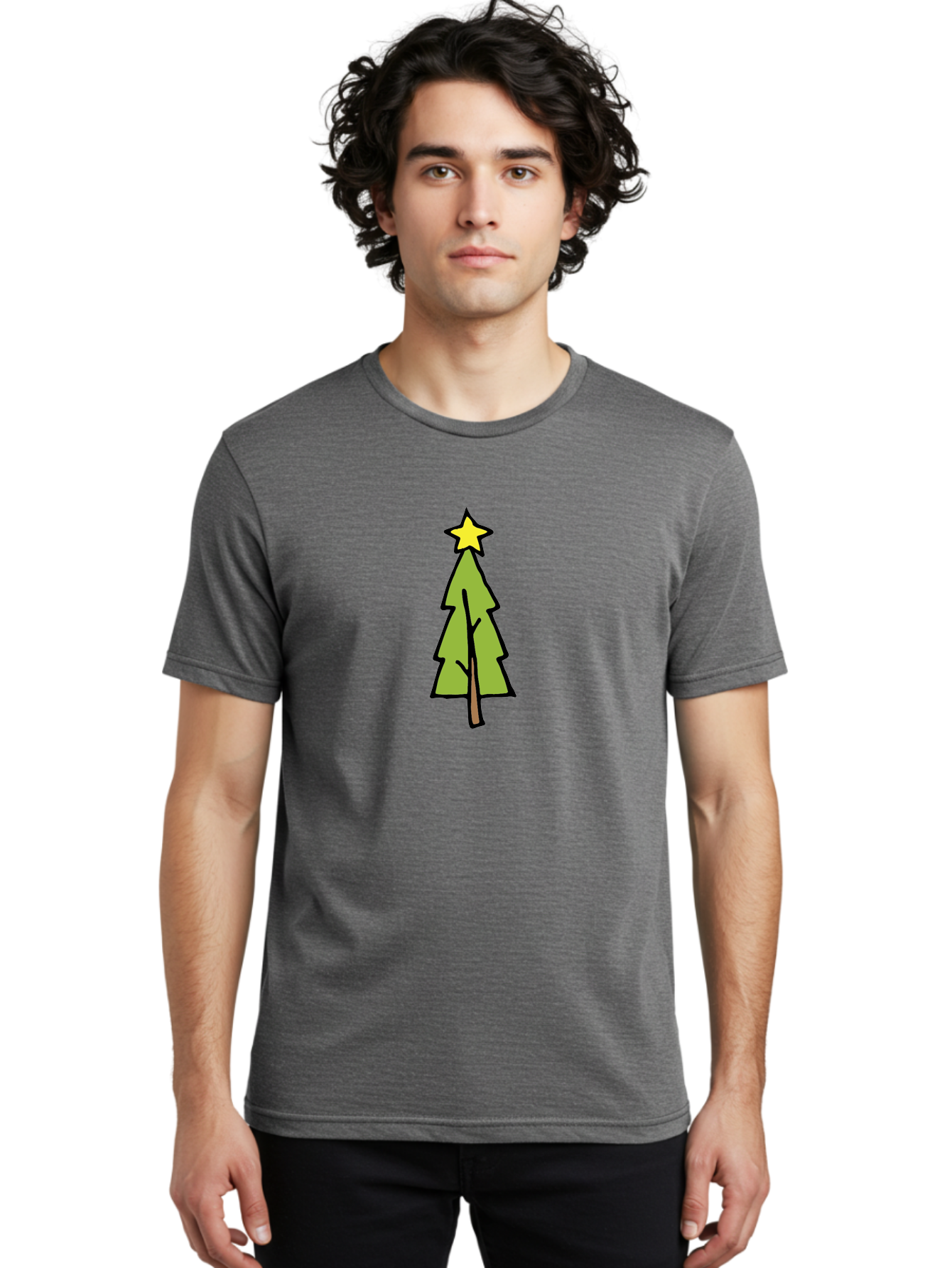 Christmas-Tree-4 Men'S Graphic Tee, 100% Cotton, Comfortable Casual Summer Wear, Machine Washable, Christmas Tree, Festive Season, Holiday Decorations, Star Topper, Cartoon Style, Simple Design, Green Tree, Yellow Star, Winter Wonderland, -  Aaa825