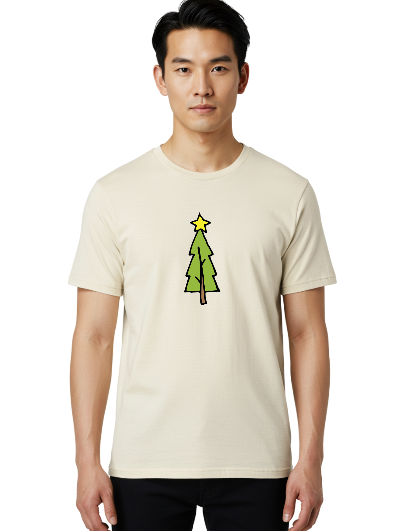 Christmas-Tree-4 Men'S Graphic Tee, 100% Cotton, Comfortable Casual Summer Wear, Machine Washable, Christmas Tree, Festive Season, Holiday Decorations, Star Topper, Cartoon Style, Simple Design, Green Tree, Yellow Star, Winter Wonderland, -  Aaa825