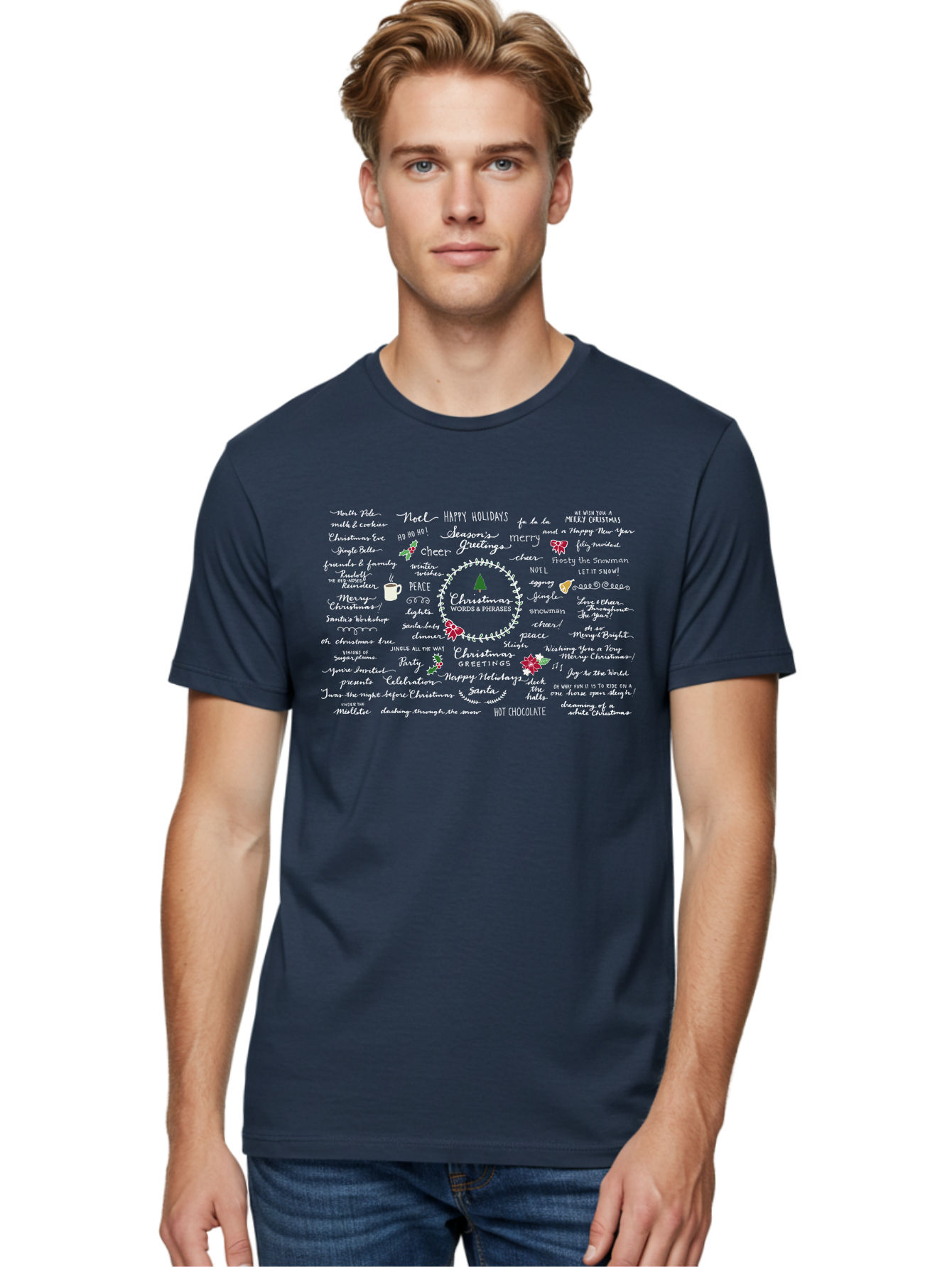 Christmas-Wishes-Blessings Men'S Graphic Tee, 100% Cotton, Comfortable Casual Summer Wear, Machine Washable, Christmas Wishes, Holiday Cheer, Joyful Greetings, Festive Atmosphere, Happy Holidays, Christmas Tree, Celebration, Peace, -  Aaa827