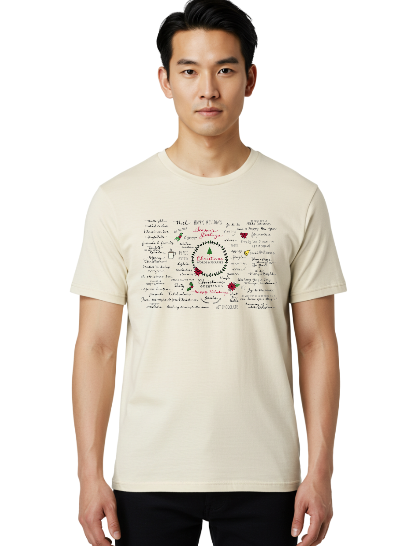 Christmas-Words-Phrases-1 Men'S Graphic Tee, 100% Cotton, Comfortable Casual Summer Wear, Machine Washable, Christmas Greetings, Holiday Cheer, Festive Wishes, Joyful Celebrations, Merry Christmas, Happy Holidays, Christmas Tree, Holly, -  Aaa828