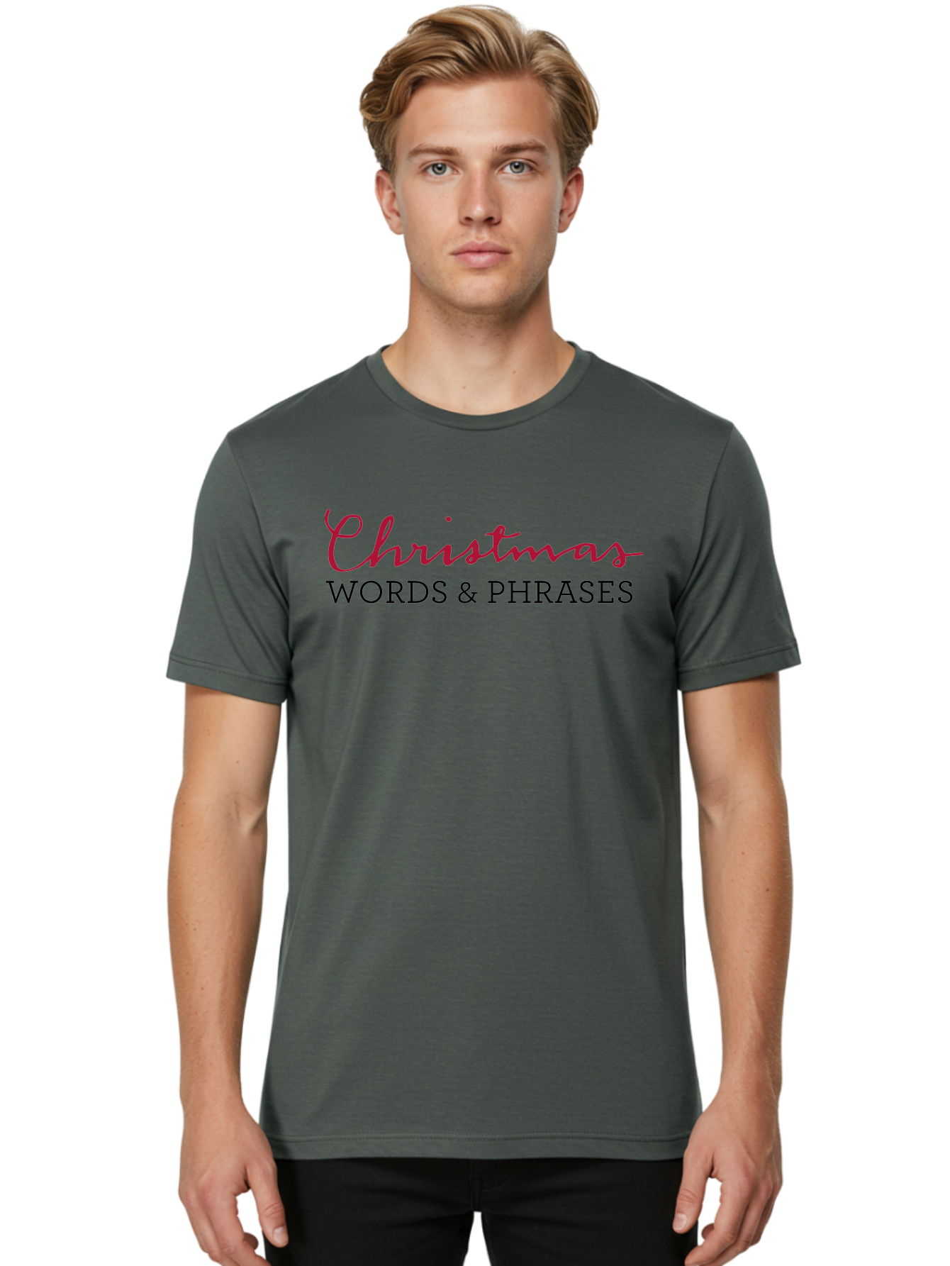 Christmas-Words-Phrases-2 Men'S Graphic Tee, 100% Cotton, Comfortable Casual Summer Wear, Machine Washable, Christmas Graphics, Holiday Phrases, Festive Fonts, Christmas Vocabulary, Seasonal Wording, Red And Black Text -  Aaa829