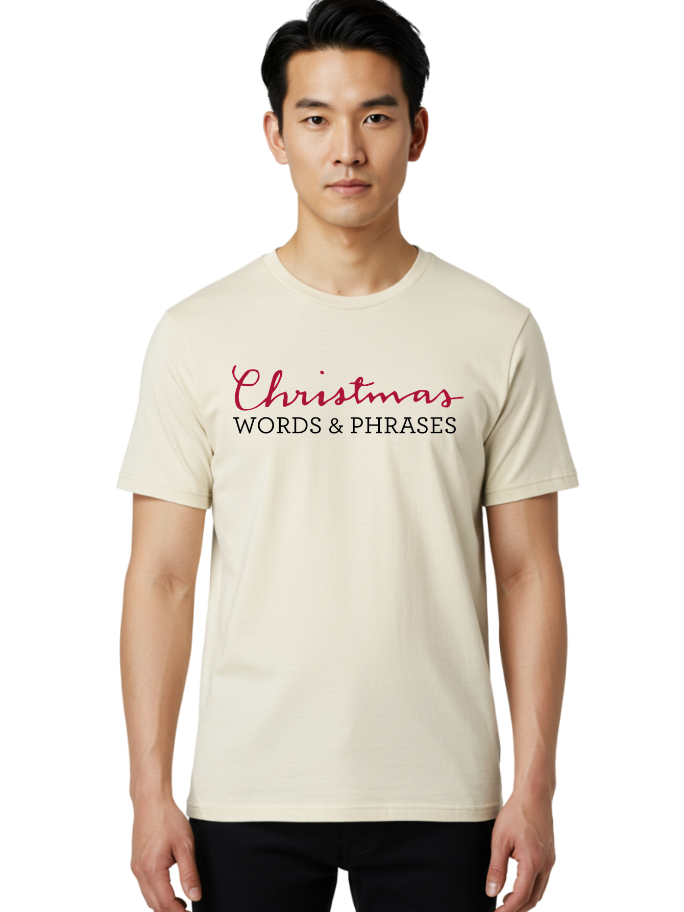 Christmas-Words-Phrases-2 Men'S Graphic Tee, 100% Cotton, Comfortable Casual Summer Wear, Machine Washable, Christmas Graphics, Holiday Phrases, Festive Fonts, Christmas Vocabulary, Seasonal Wording, Red And Black Text -  Aaa829