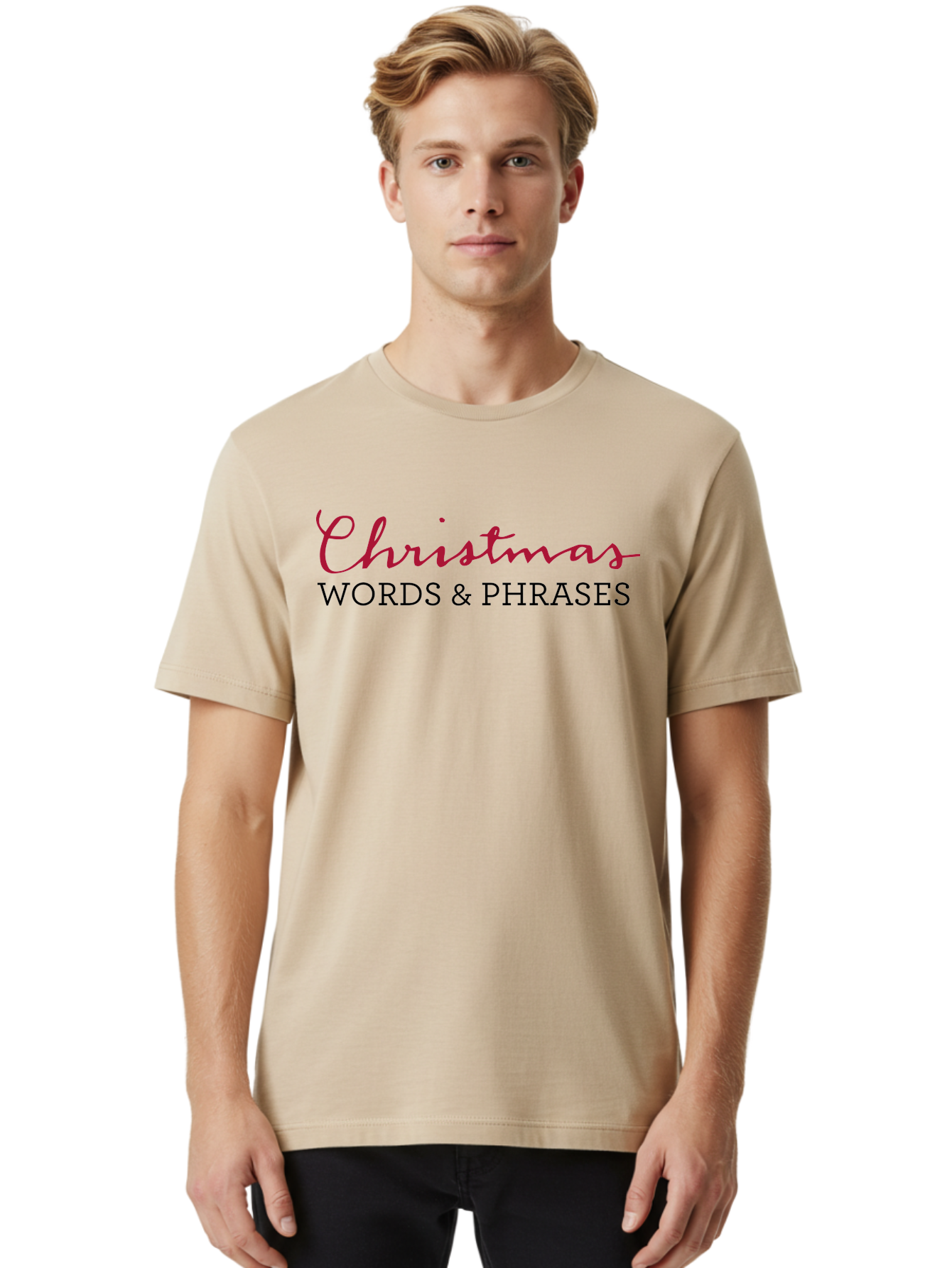 Christmas-Words-Phrases-2 Men'S Graphic Tee, 100% Cotton, Comfortable Casual Summer Wear, Machine Washable, Christmas Graphics, Holiday Phrases, Festive Fonts, Christmas Vocabulary, Seasonal Wording, Red And Black Text -  Aaa829