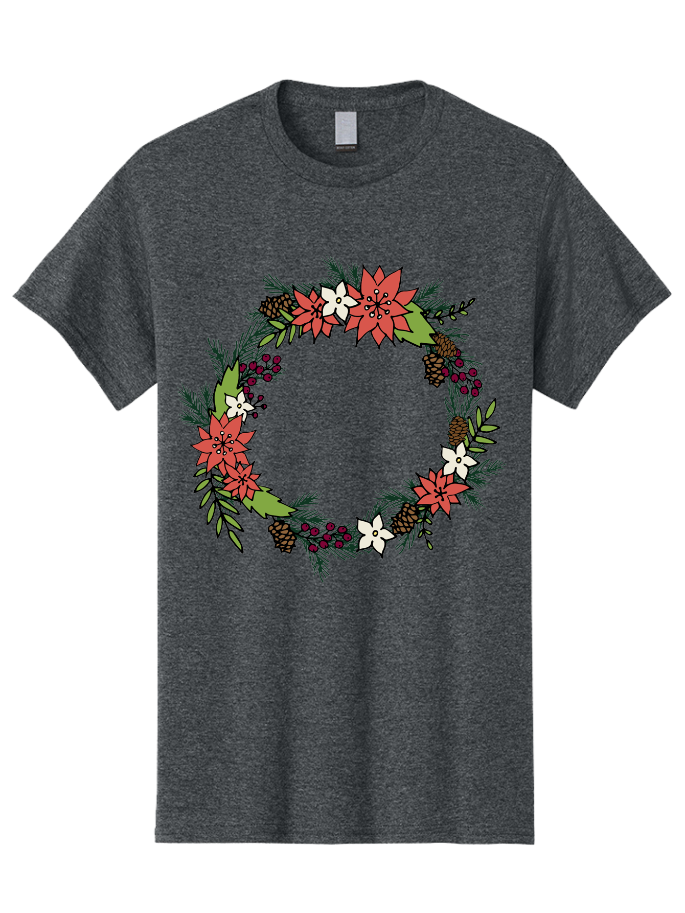 Christmas-Wreath Men'S Graphic Tee, 100% Cotton, Comfortable Casual Summer Wear, Machine Washable, Christmas Wreath, Holiday Decor, Festive Flowers, Red And White Blooms, Pinecones, Evergreen Branches, Seasonal Decoration, -  Aaa831