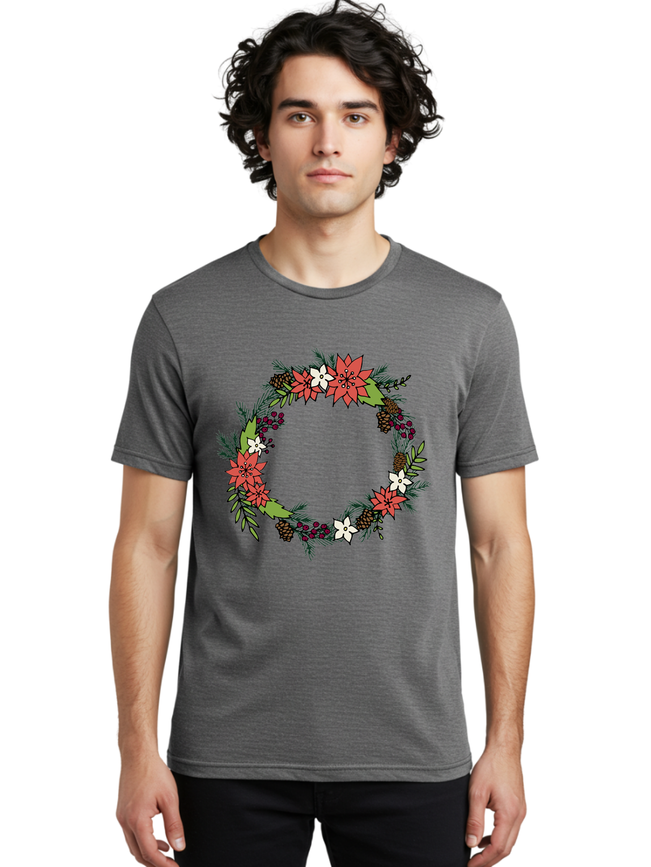 Christmas-Wreath Men'S Graphic Tee, 100% Cotton, Comfortable Casual Summer Wear, Machine Washable, Christmas Wreath, Holiday Decor, Festive Flowers, Red And White Blooms, Pinecones, Evergreen Branches, Seasonal Decoration, -  Aaa831