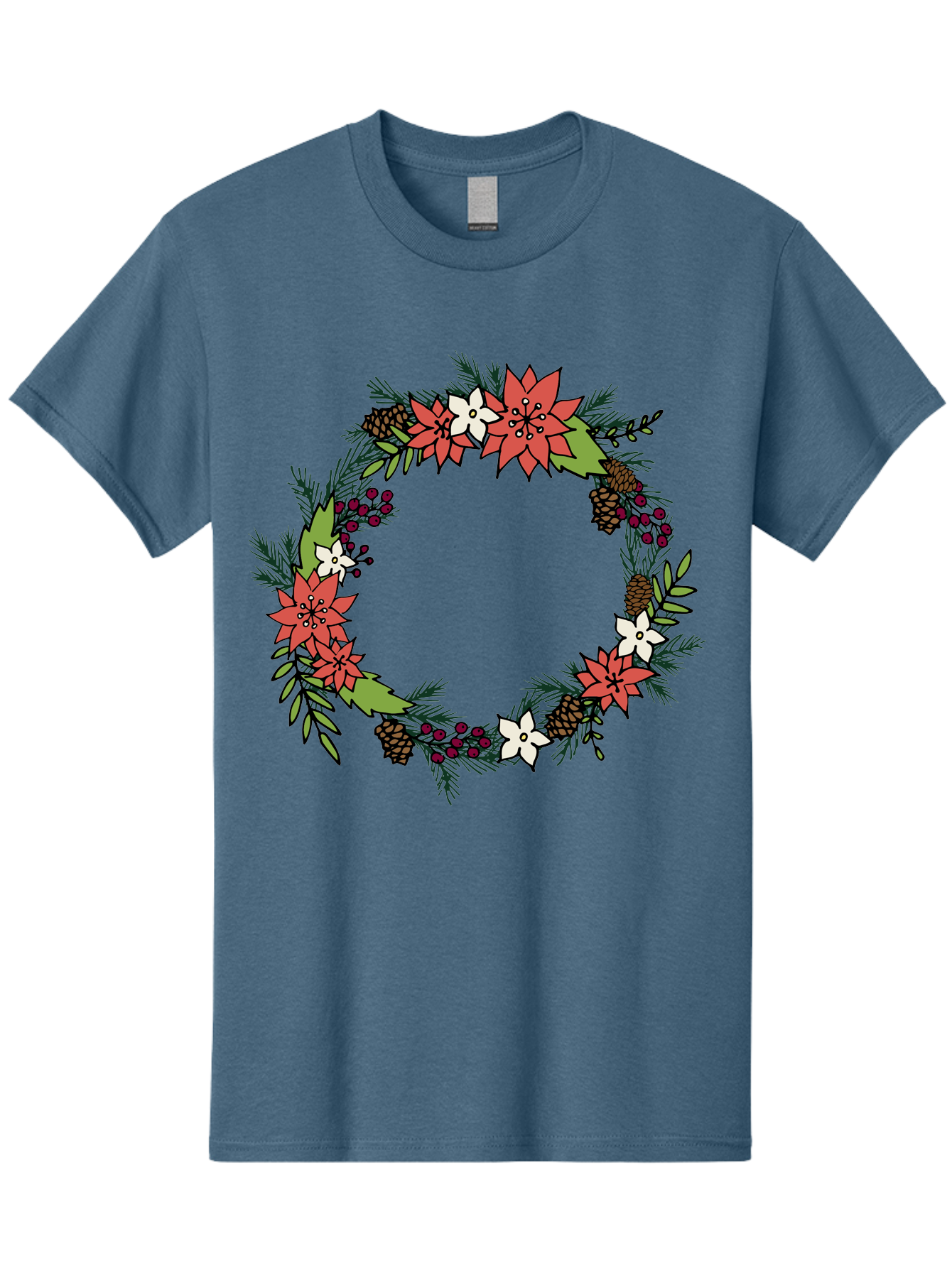 Christmas-Wreath Men'S Graphic Tee, 100% Cotton, Comfortable Casual Summer Wear, Machine Washable, Christmas Wreath, Holiday Decor, Festive Flowers, Red And White Blooms, Pinecones, Evergreen Branches, Seasonal Decoration, -  Aaa831