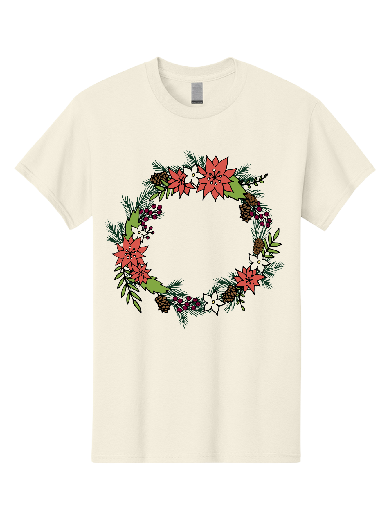 Christmas-Wreath Men'S Graphic Tee, 100% Cotton, Comfortable Casual Summer Wear, Machine Washable, Christmas Wreath, Holiday Decor, Festive Flowers, Red And White Blooms, Pinecones, Evergreen Branches, Seasonal Decoration, -  Aaa831