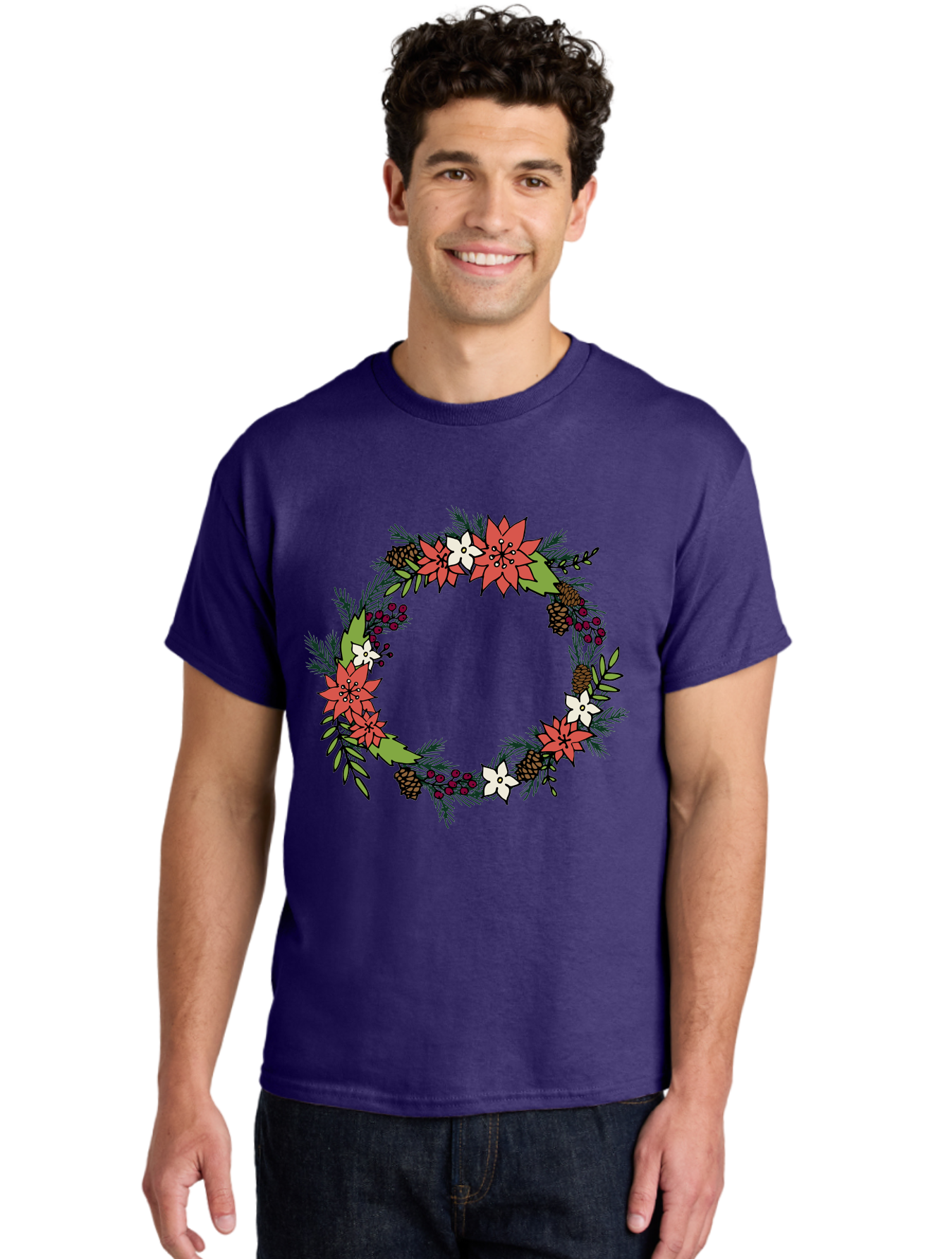 Christmas-Wreath Men'S Graphic Tee, 100% Cotton, Comfortable Casual Summer Wear, Machine Washable, Christmas Wreath, Holiday Decor, Festive Flowers, Red And White Blooms, Pinecones, Evergreen Branches, Seasonal Decoration, -  Aaa831