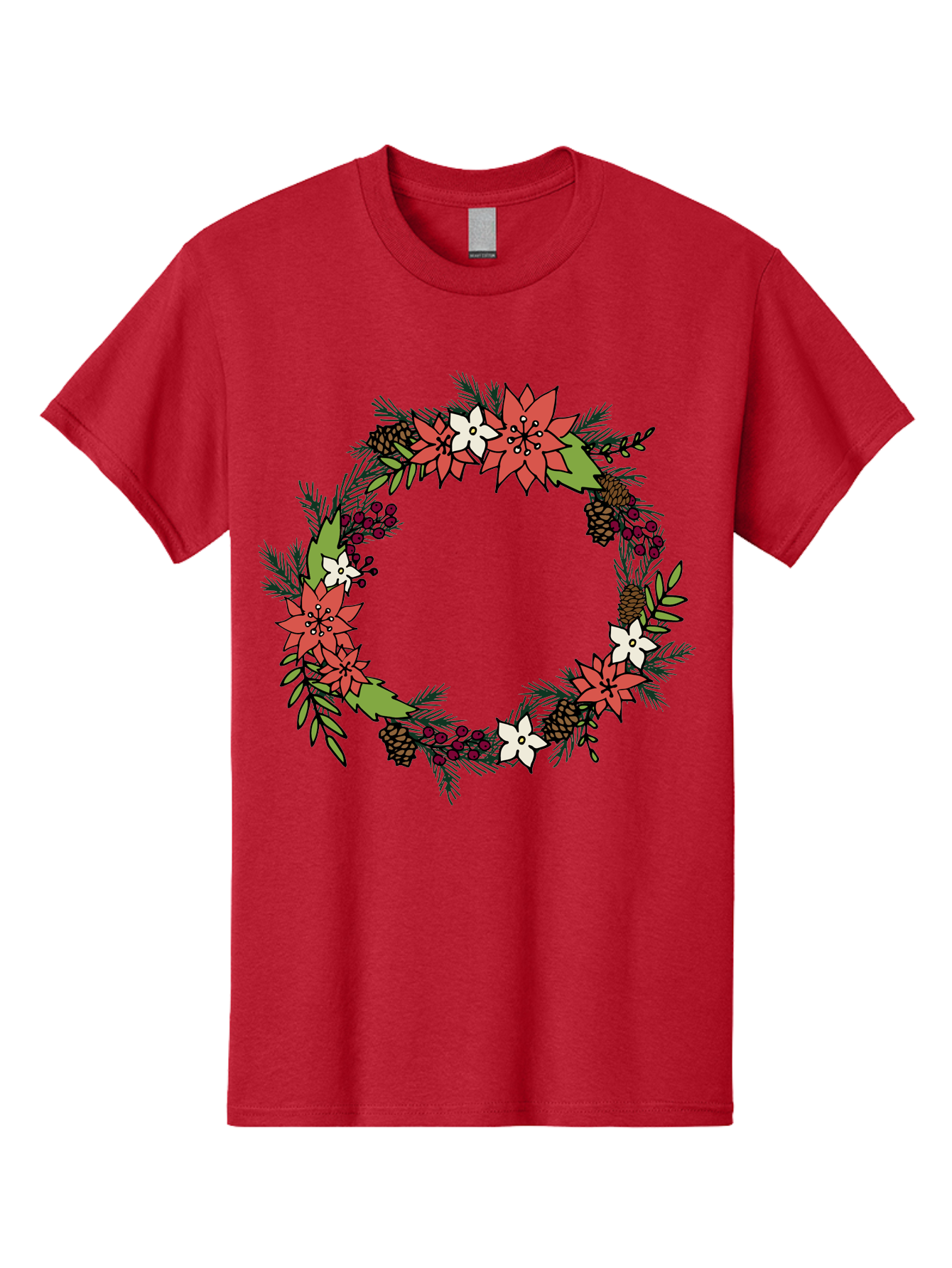 Christmas-Wreath Men'S Graphic Tee, 100% Cotton, Comfortable Casual Summer Wear, Machine Washable, Christmas Wreath, Holiday Decor, Festive Flowers, Red And White Blooms, Pinecones, Evergreen Branches, Seasonal Decoration, -  Aaa831