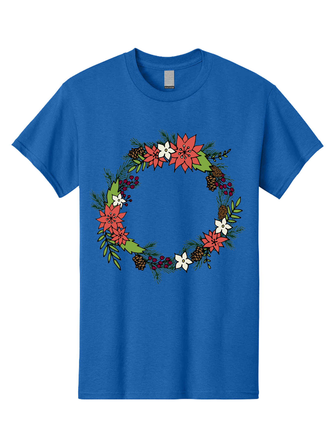 Christmas-Wreath Men'S Graphic Tee, 100% Cotton, Comfortable Casual Summer Wear, Machine Washable, Christmas Wreath, Holiday Decor, Festive Flowers, Red And White Blooms, Pinecones, Evergreen Branches, Seasonal Decoration, -  Aaa831