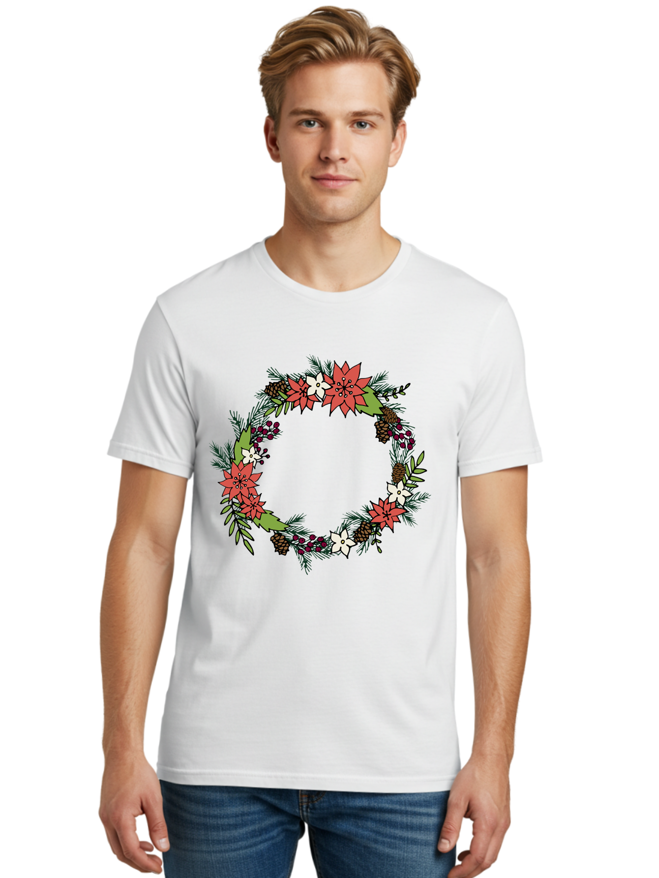 Christmas-Wreath Men'S Graphic Tee, 100% Cotton, Comfortable Casual Summer Wear, Machine Washable, Christmas Wreath, Holiday Decor, Festive Flowers, Red And White Blooms, Pinecones, Evergreen Branches, Seasonal Decoration, -  Aaa831