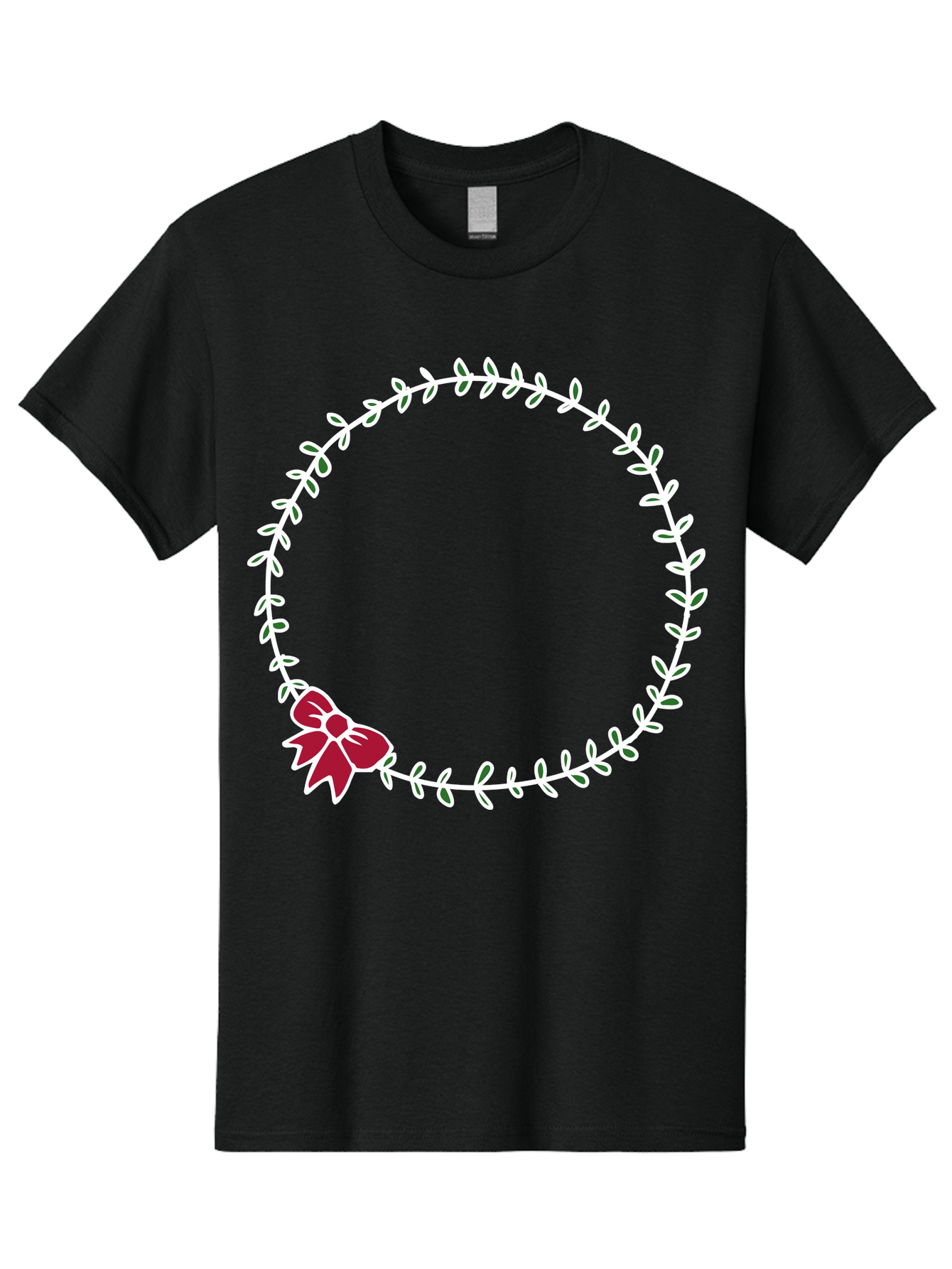 floral wreath, white leaves, red bow, decorative frame, circular design, elegant border, festive decoration, minimalist style, simple elegance